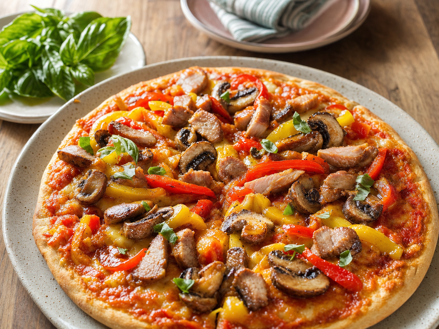 Pork and guava pizza topped with sliced pork, mushrooms, red and yellow peppers, melted cheese and fresh basil