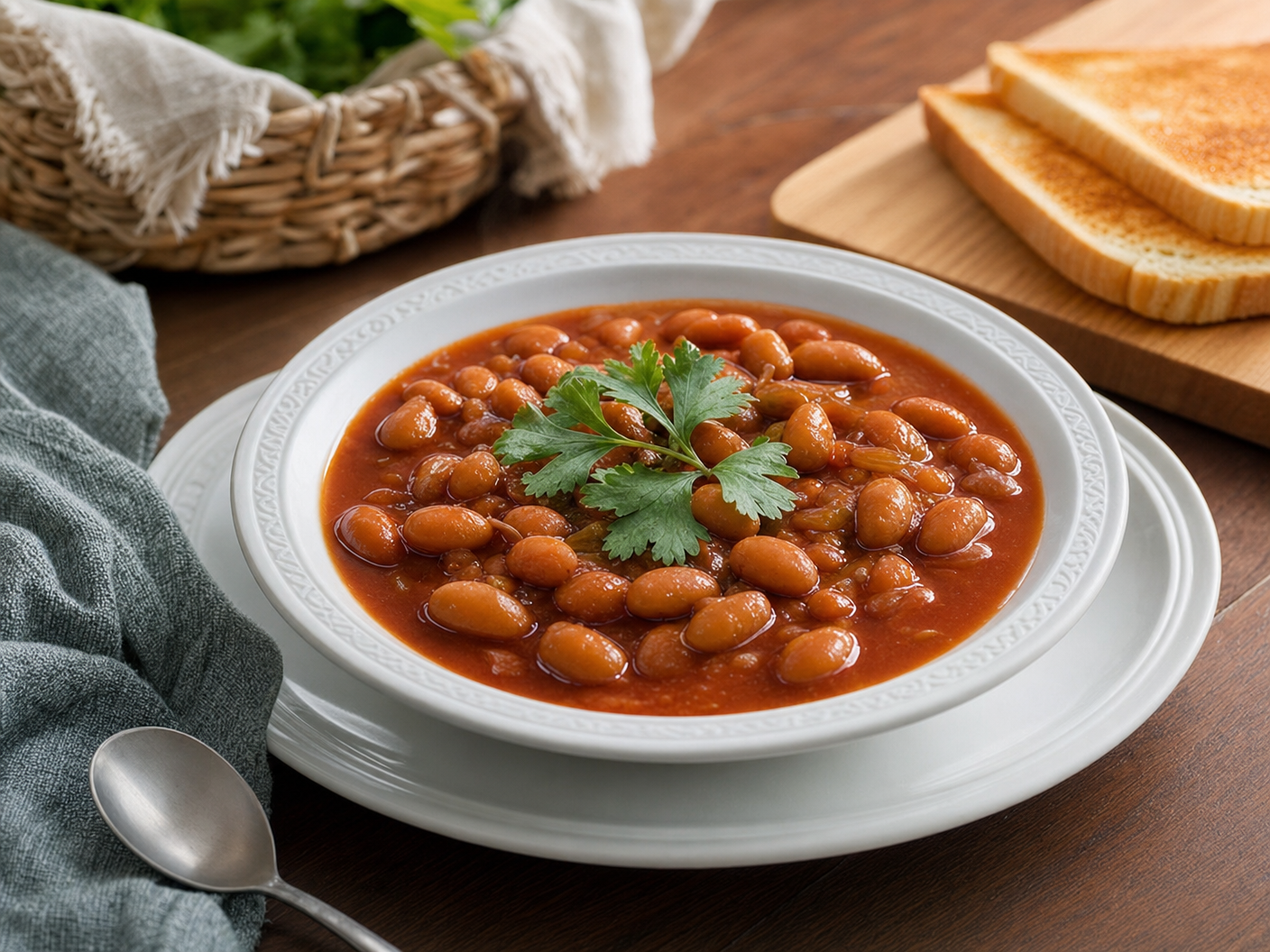 Bowl of Cuban red bean stew in tomato broth garnished with parsley, served with toasted bread