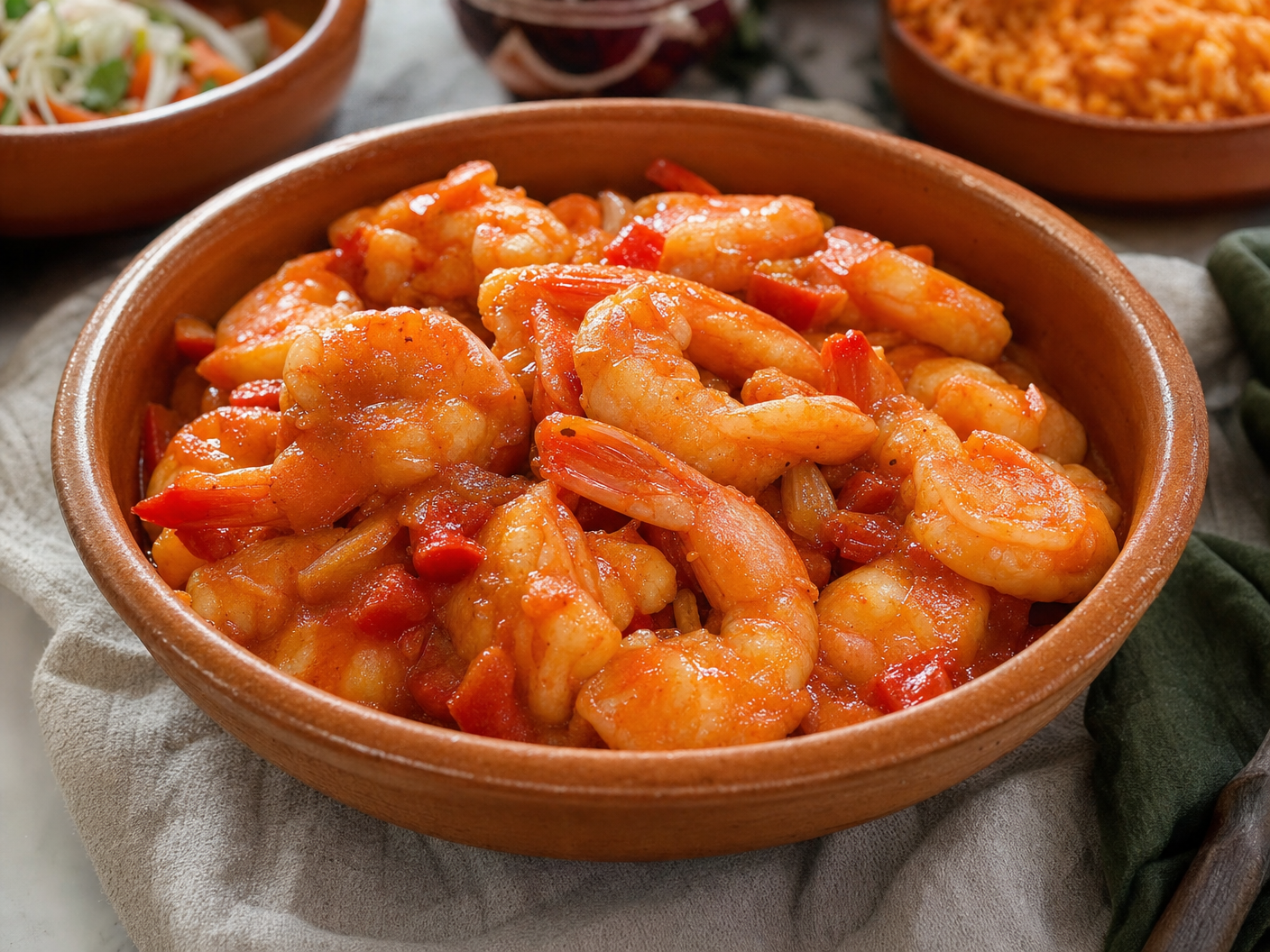 Clay dish of camarones enchilados, shrimp in a tomato and red pepper creole sauce, with yellow rice in the background