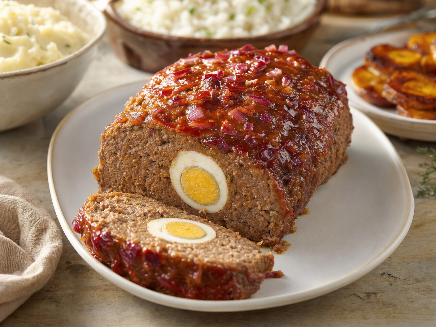 Sliced pulpeta, Cuban meatloaf with a hard-boiled egg center and glazed tomato topping, served with mashed potatoes, rice and fried plantains