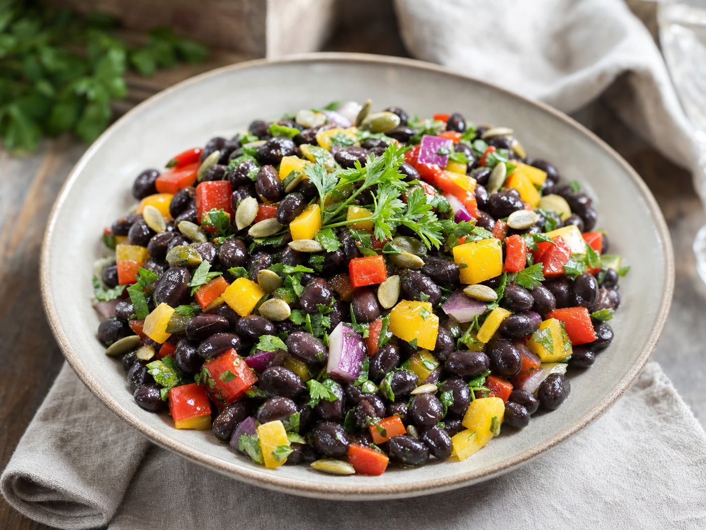 Bowl of black bean salad with diced red and yellow peppers, red onion, pumpkin seeds and fresh parsley