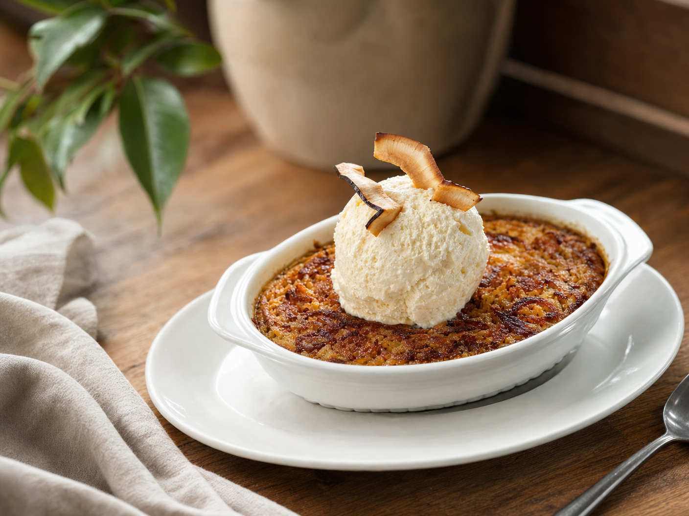 Coco quemado, baked toasted coconut custard in a white dish, topped with a scoop of vanilla ice cream and coconut chips