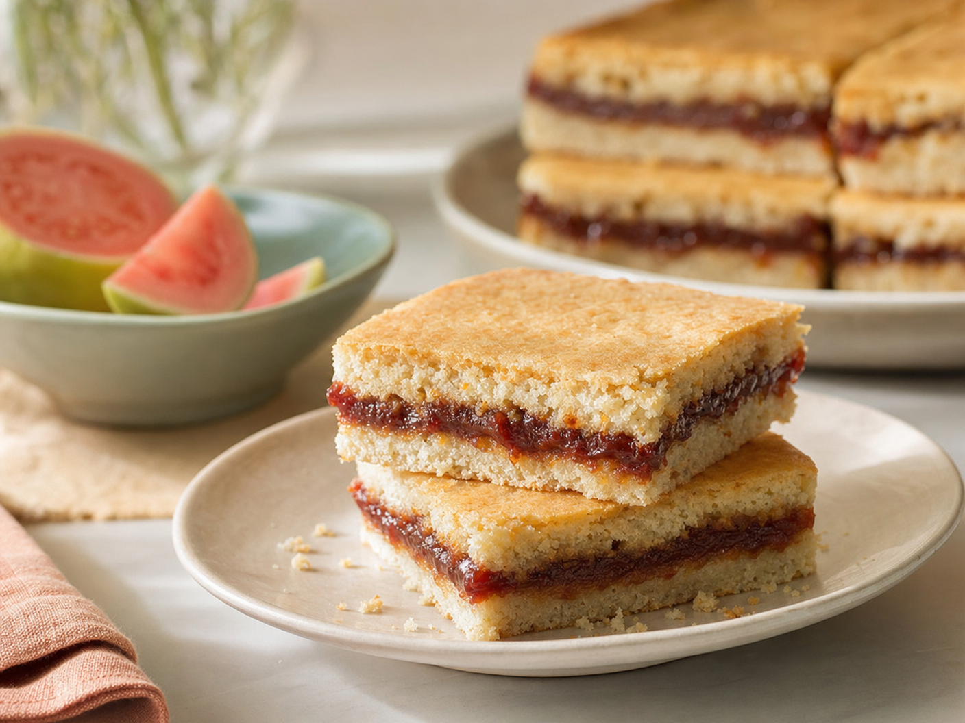 Stacked squares of masa real de guayaba, a Cuban shortbread pastry layered with guava filling, with fresh guava slices behind