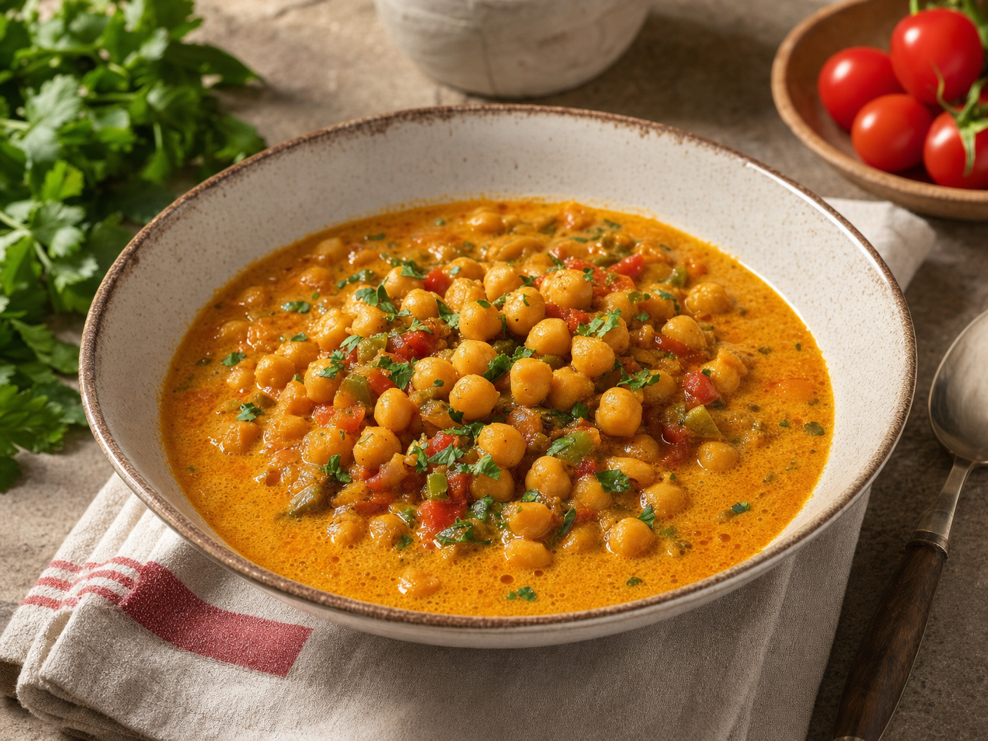 Bowl of Cuban chickpea stew in a rich orange broth with diced peppers and parsley, with cherry tomatoes nearby