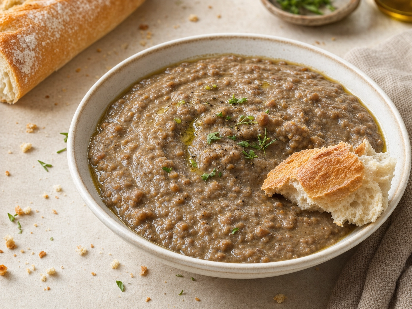 Bowl of thick Cuban lentil purée drizzled with olive oil and herbs, with a piece of crusty bread dipped in