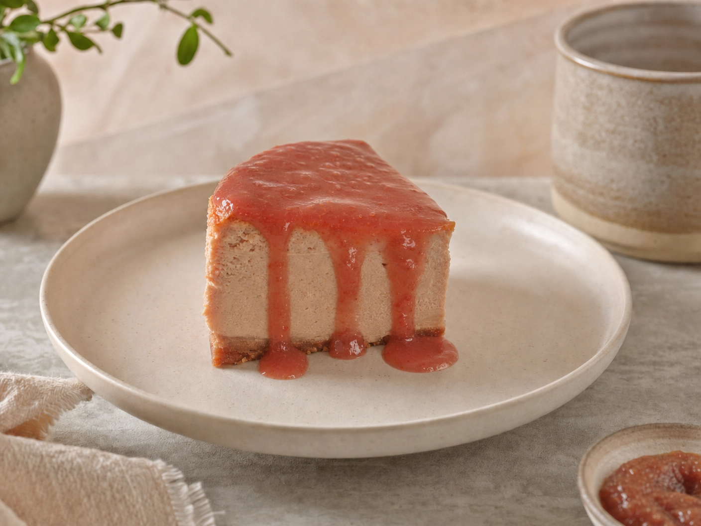 Slice of cinnamon cheesecake on a Canela Crisps crust, topped with glossy guava sauce dripping down the sides