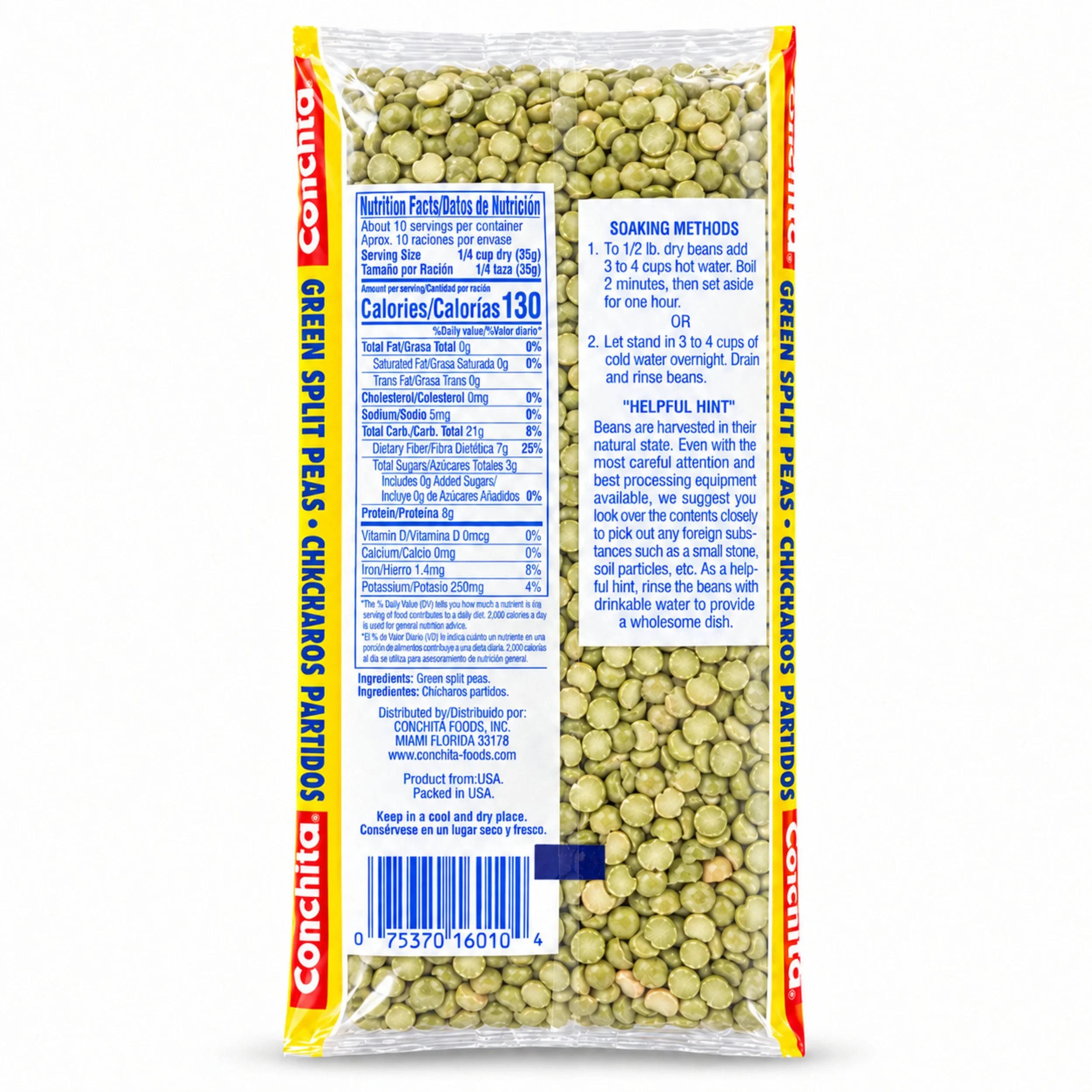 Conchita Dry Green Split Peas (Chicharos Partidos) 12 oz bag, back label view