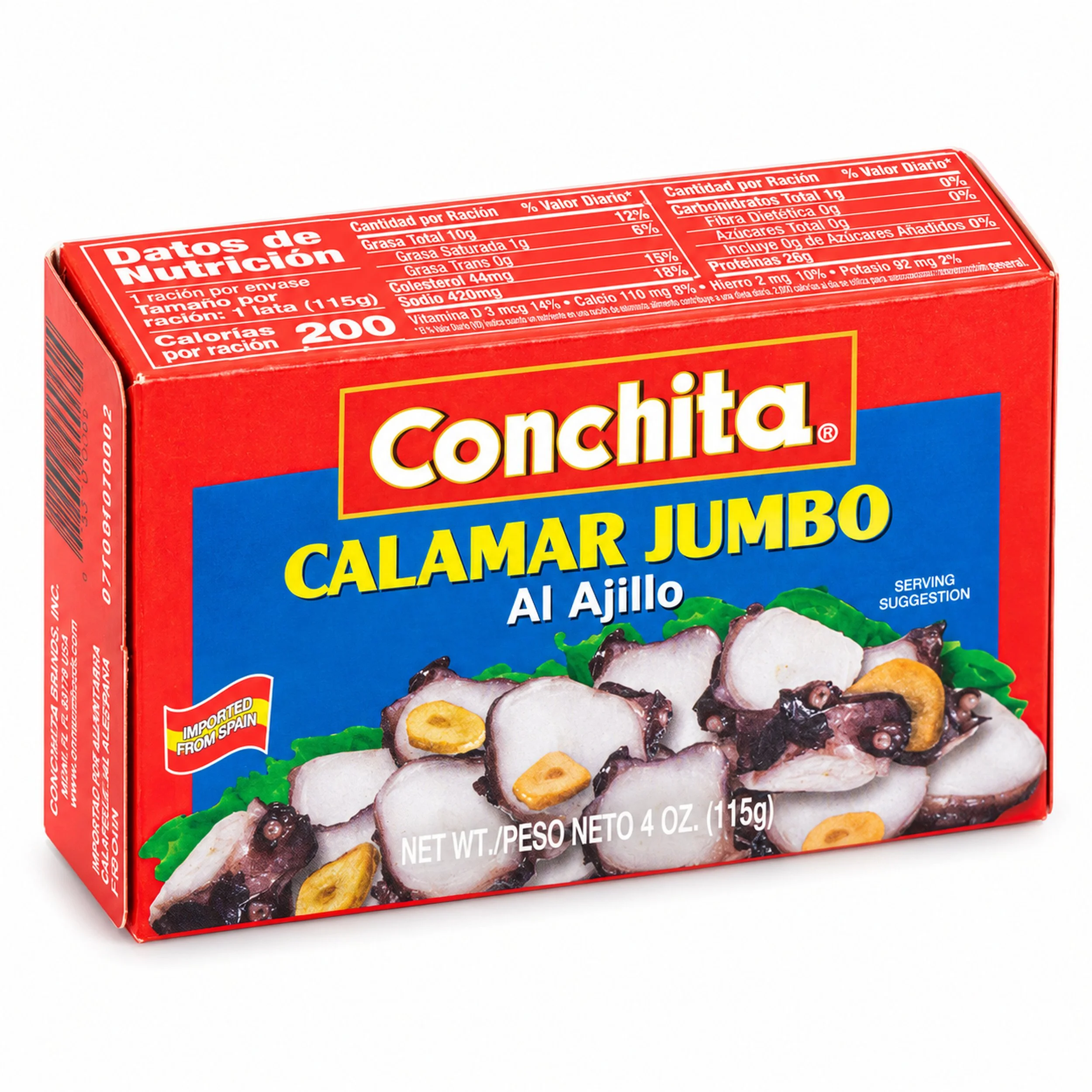Conchita Giant Calamari in Garlic Sauce (Calamar Jumbo al Ajillo) 4 oz box, Spanish-language back panel, angled view