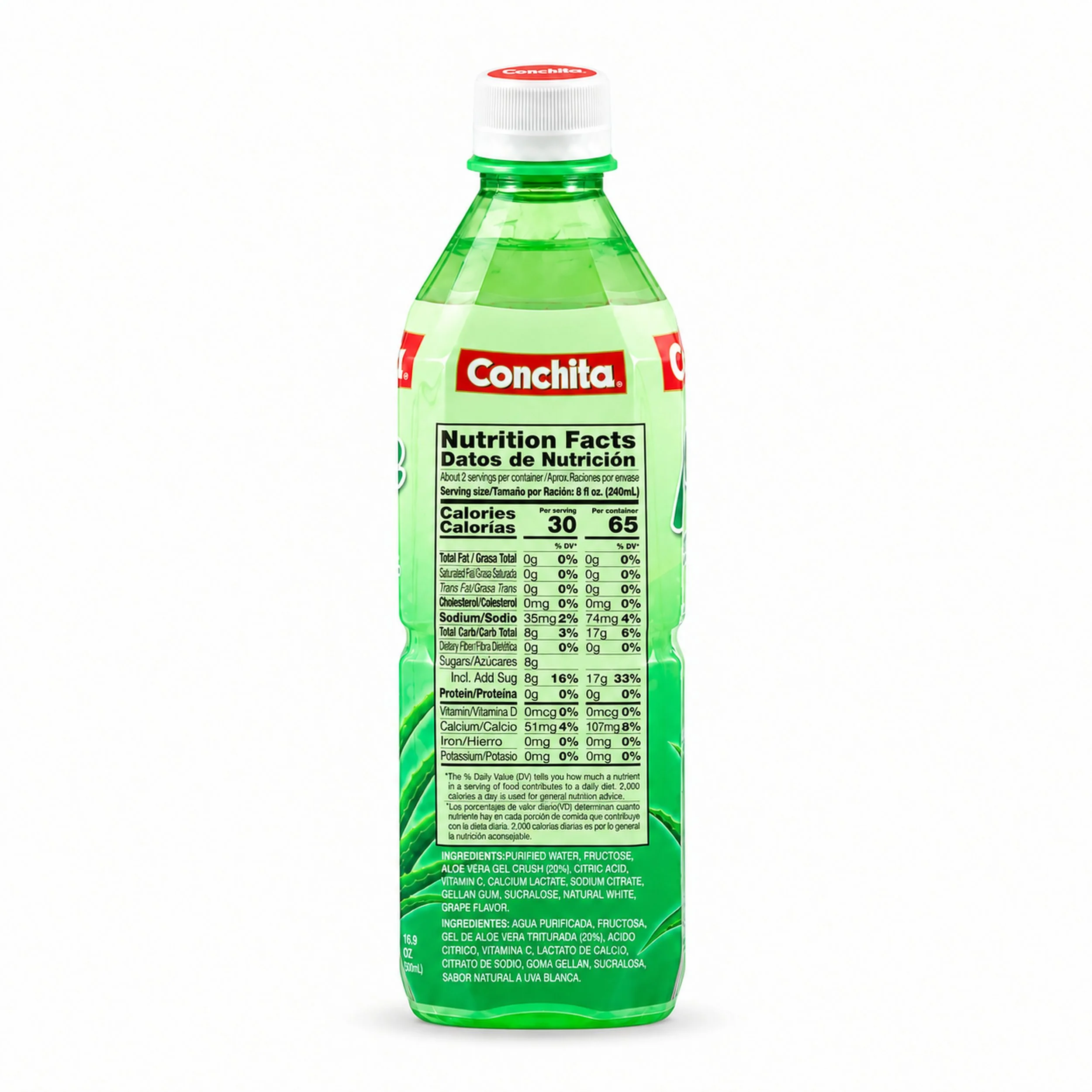 Conchita Aloe Vera Drink (Bebida de Aloe Vera) 500 mL bottle, back label view