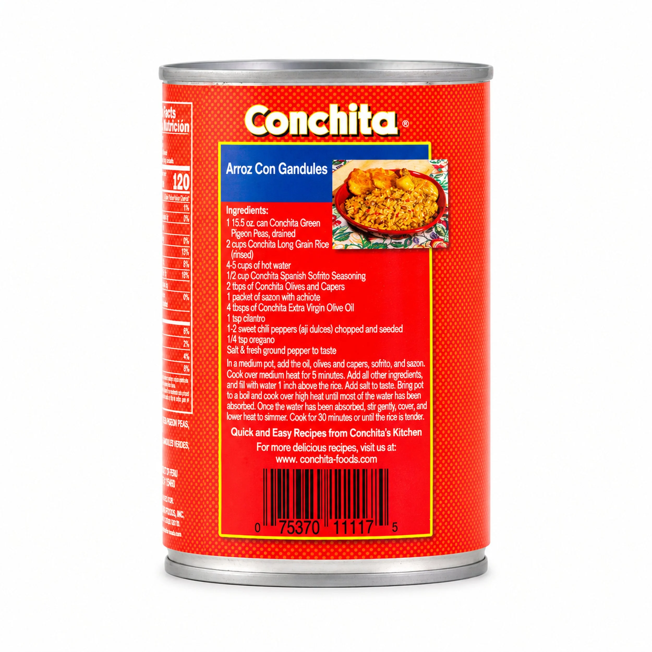 Conchita Green Pigeon Peas (Gandules Verdes) 15.5 oz can, back label view