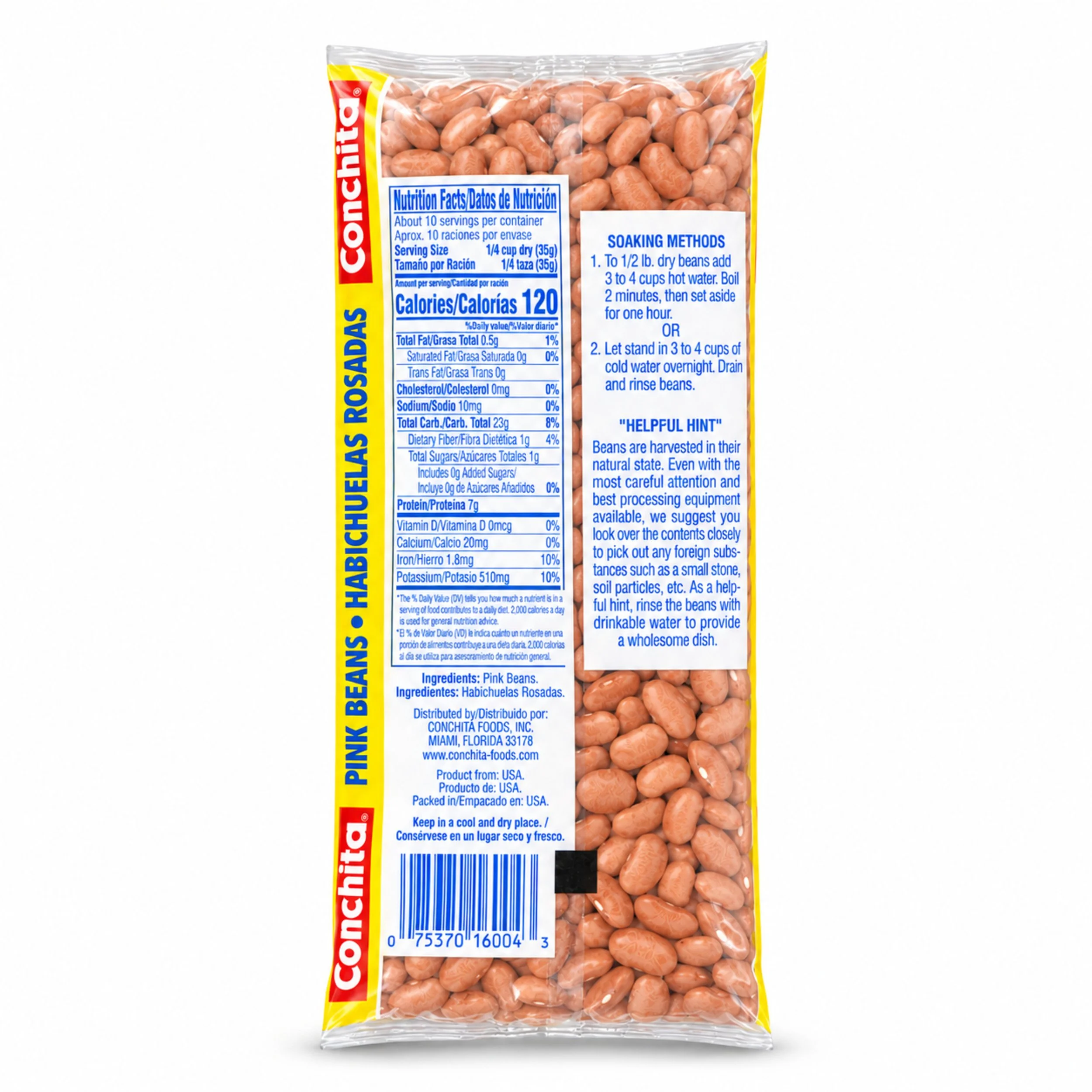 Conchita Pink Beans (Habichuelas Rosadas) 12 oz bag, back view with nutrition facts