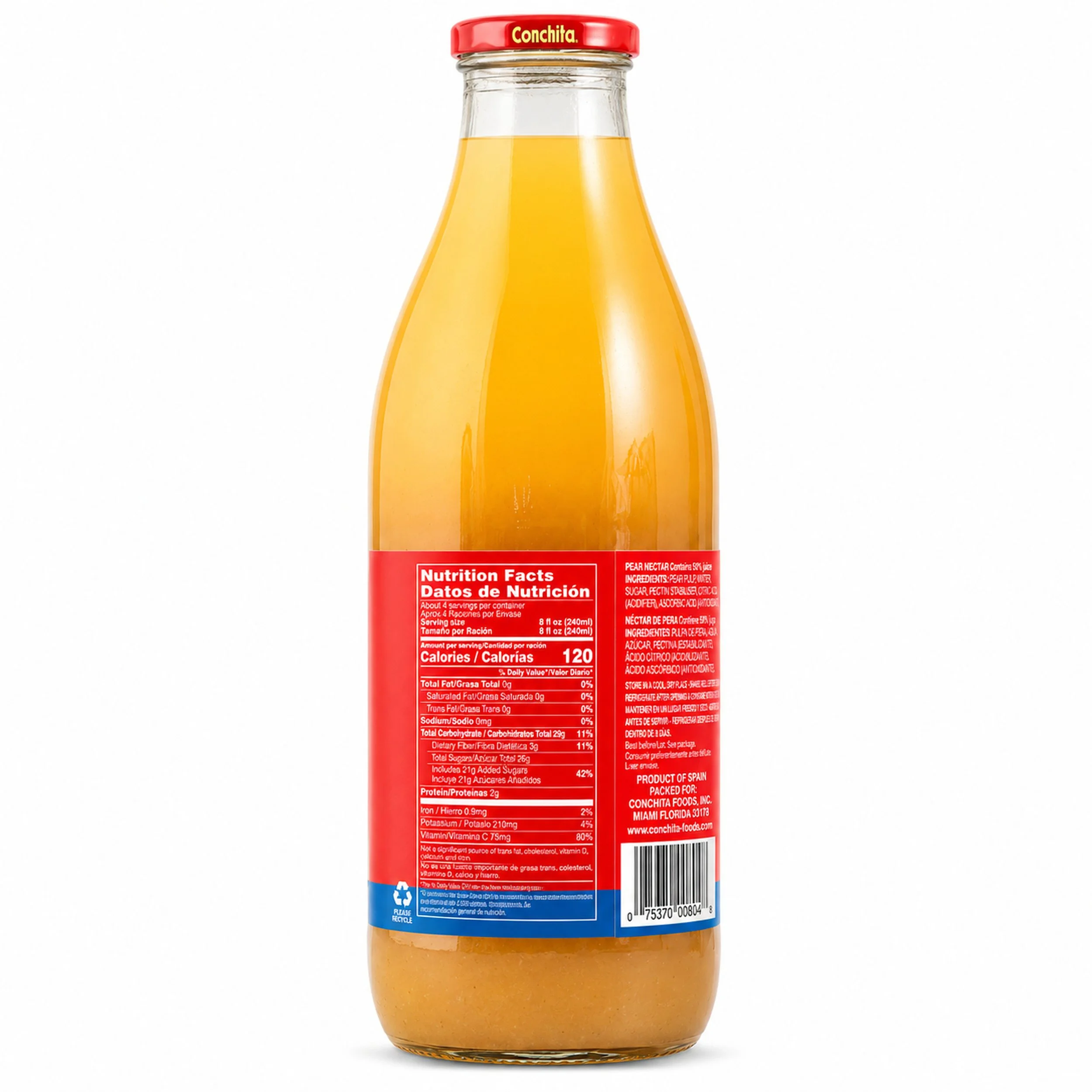 Conchita Pear Nectar (Néctar de Pera) 1 L glass bottle, nutrition facts side view