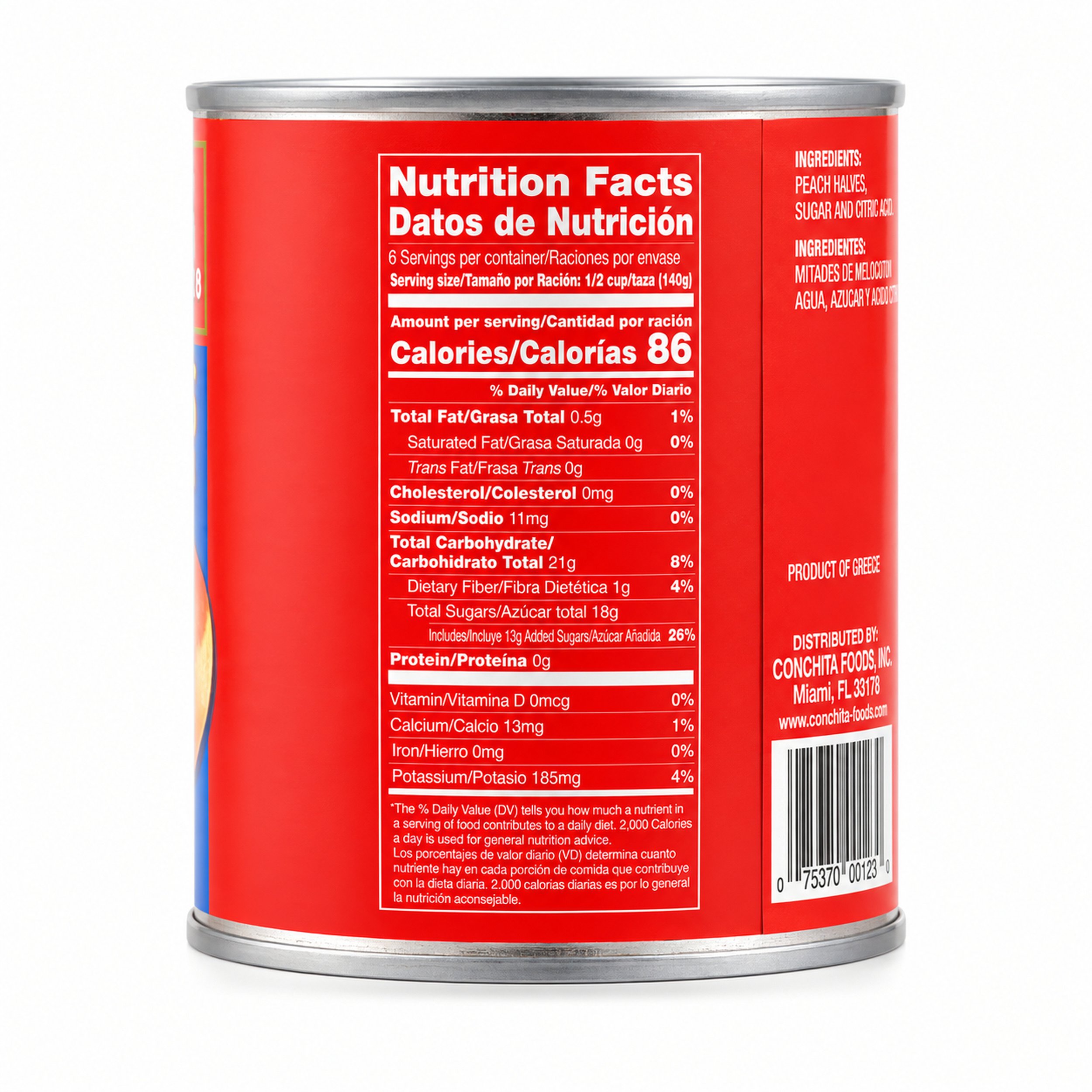 Conchita Peach Halves in Syrup (Melocotones en Mitades) 29 oz can, nutrition facts side view