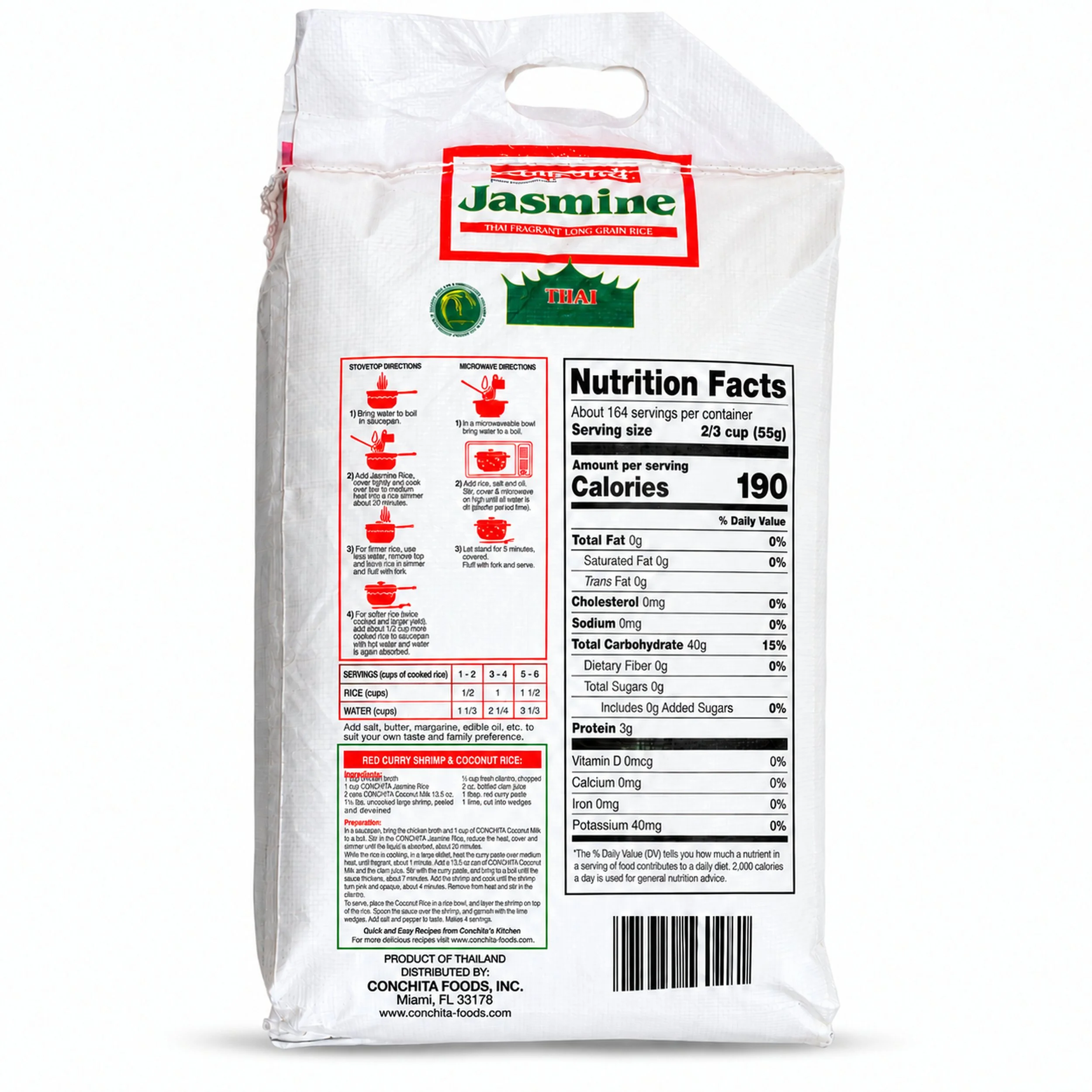 Conchita Thai Jasmine Rice (Arroz Jazmín) 20 lb bag, back label view