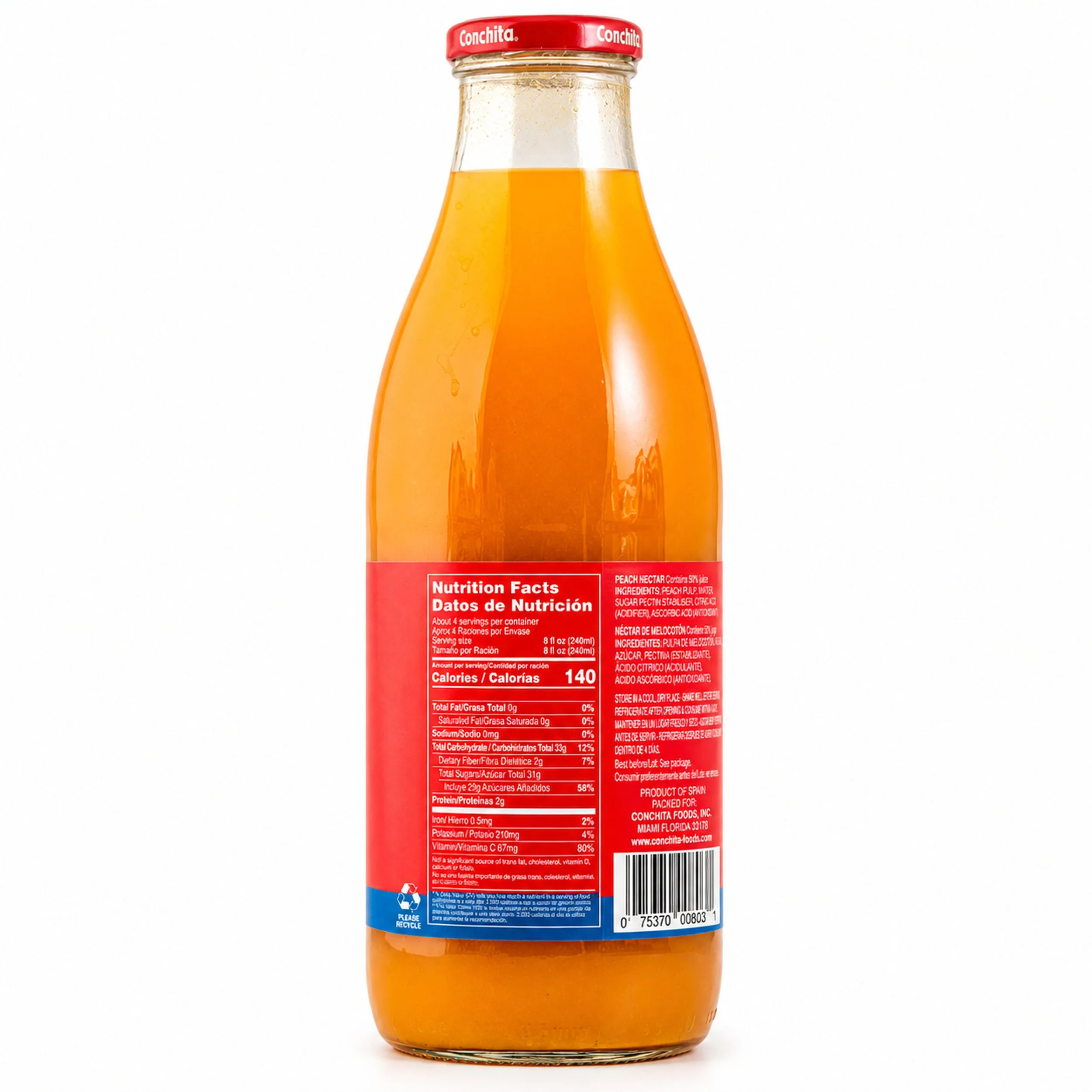 Conchita Peach Nectar (Néctar de Melocotón) 1 L glass bottle, nutrition facts side view