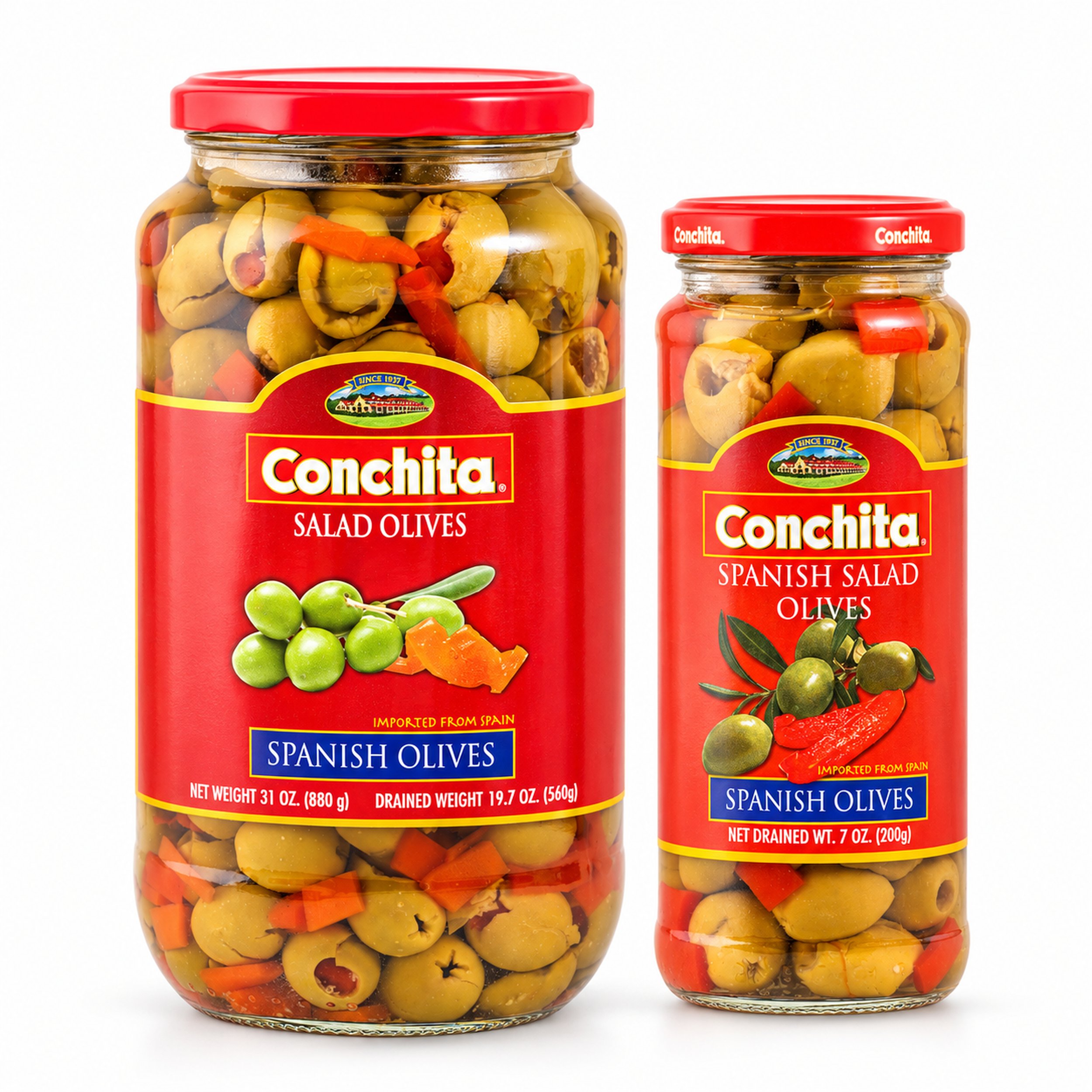 Conchita Spanish Salad Olives (Aceitunas para Ensalada) in two jar sizes, front view