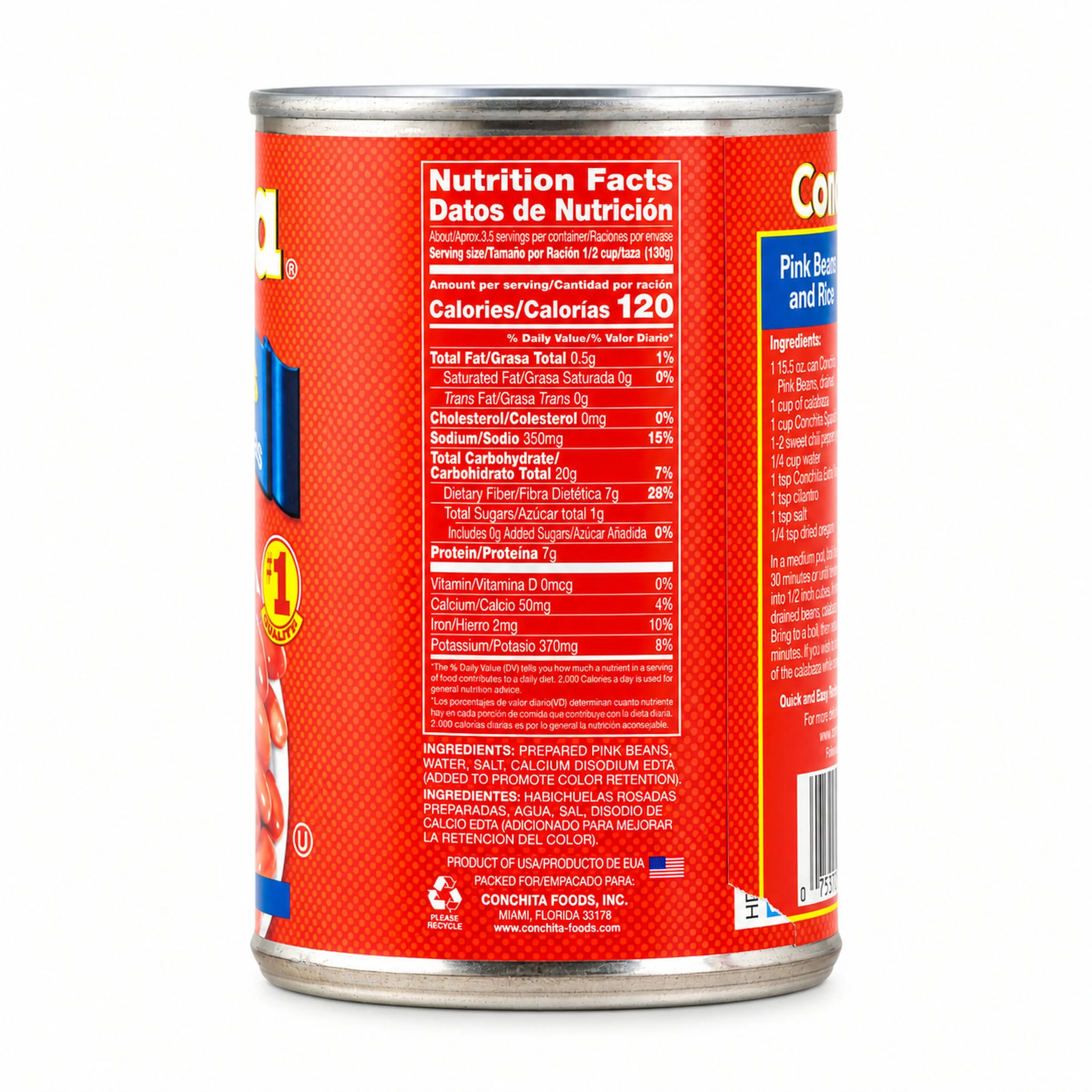 Conchita Pink Beans (Habichuelas Rosadas) 15.5 oz can, side view with nutrition facts