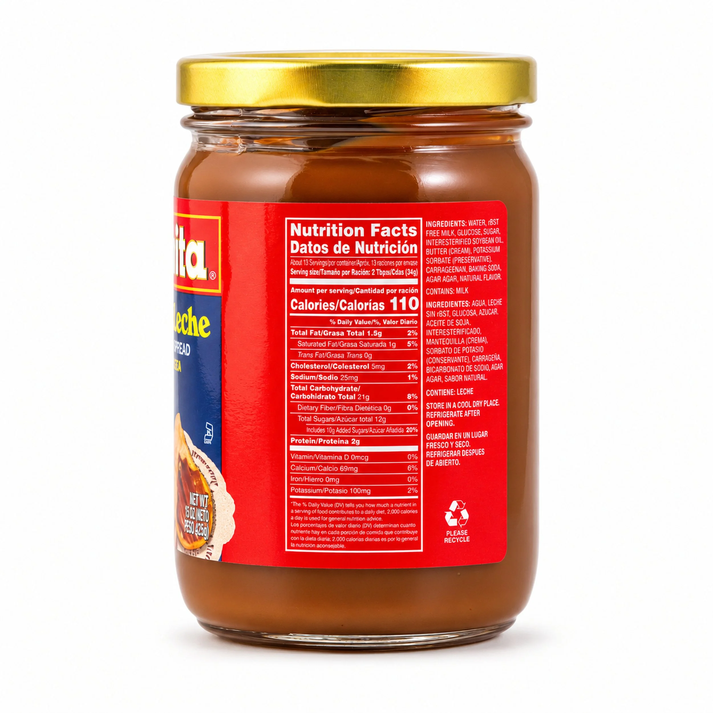 Conchita Dulce de Leche (Milk Caramel Spread) 15 oz jar, back label view