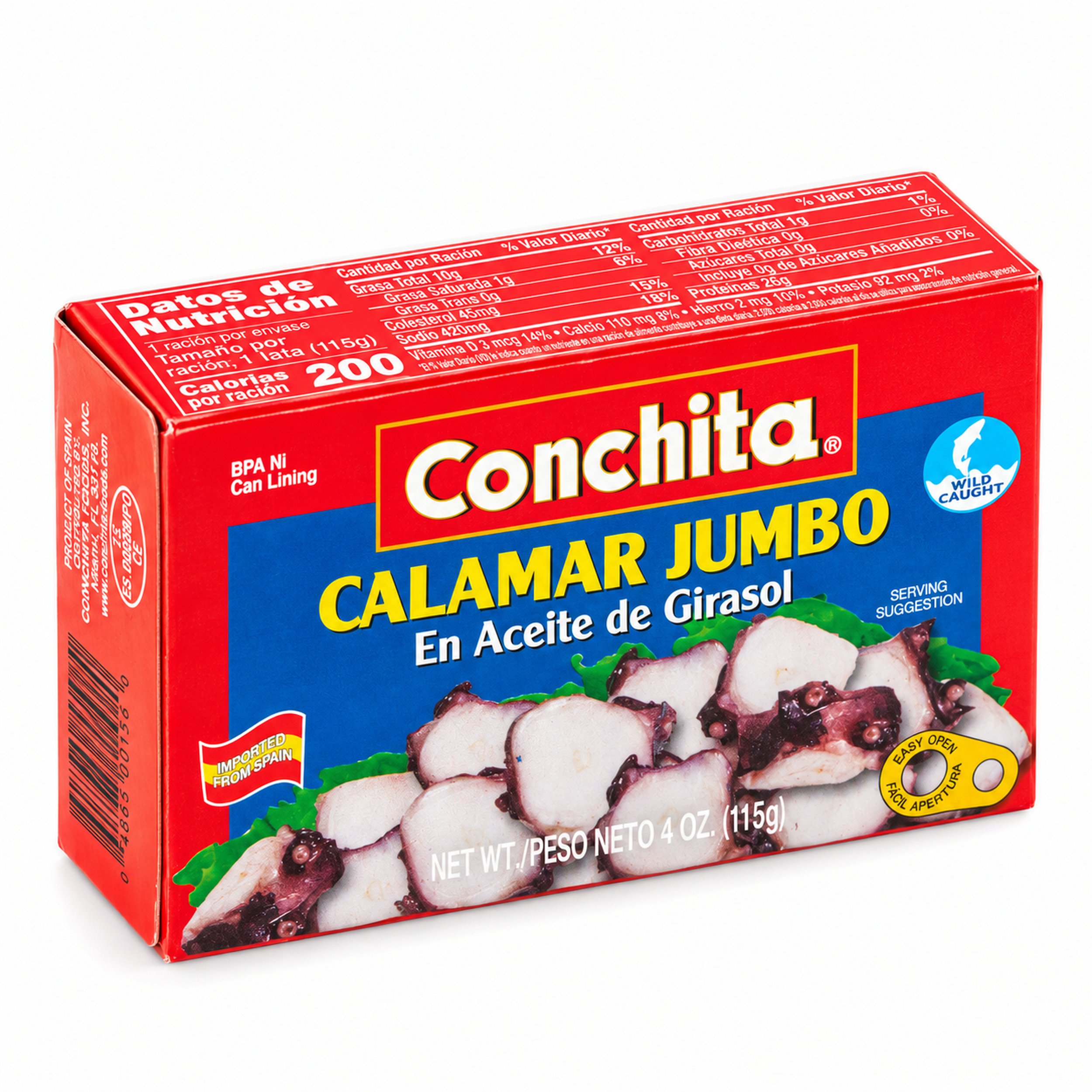 Conchita Giant Calamari in Sunflower Oil (Calamar Jumbo en Aceite de Girasol) 4 oz box, Spanish-language back panel, angled view