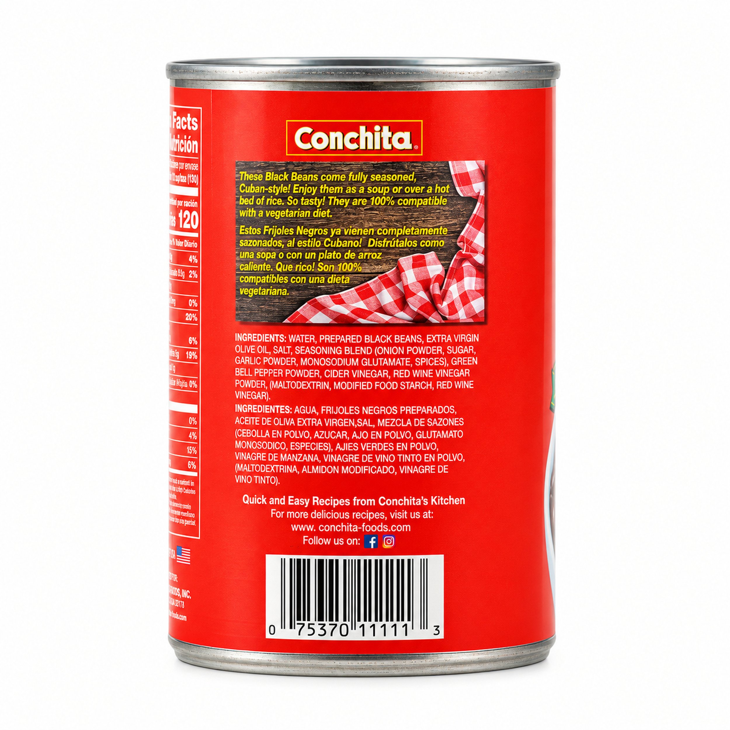 Conchita Ready-to-Serve Black Beans (Frijoles Negros) 15 oz can, back label view