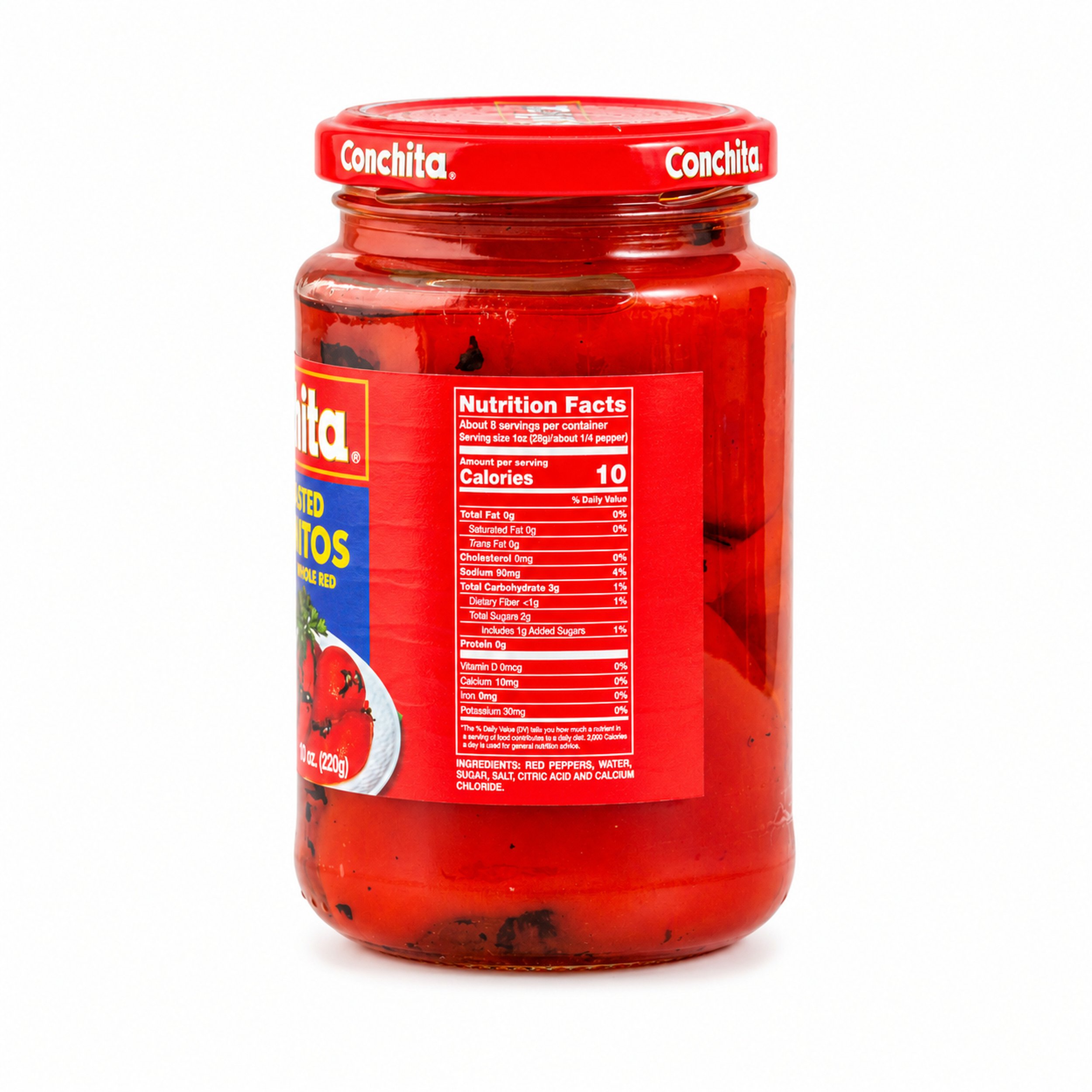 Conchita Fire Roasted Pimientos (Pimentos) 12 oz glass jar, back label with nutrition facts