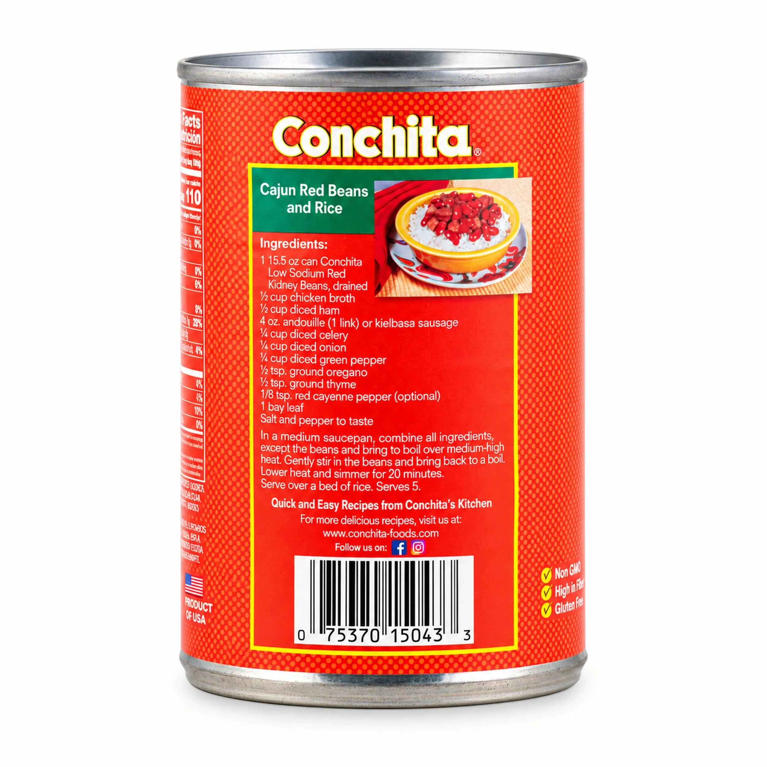 Conchita Low Sodium Red Kidney Beans (Frijoles Colorados) 15.5 oz can, back label view