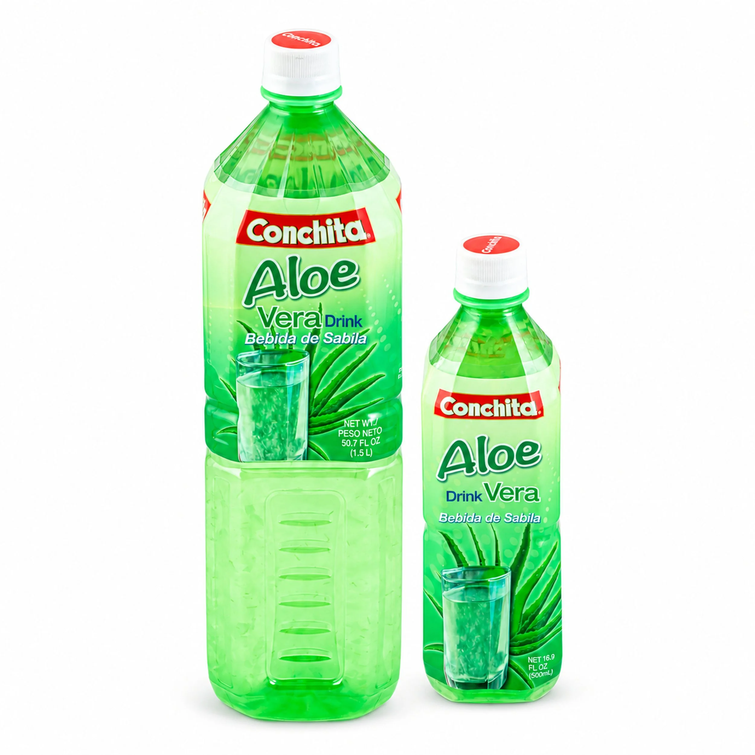 Conchita Aloe Vera Drink (Bebida de Aloe Vera) in 500 mL and 1.5 L bottles, front view