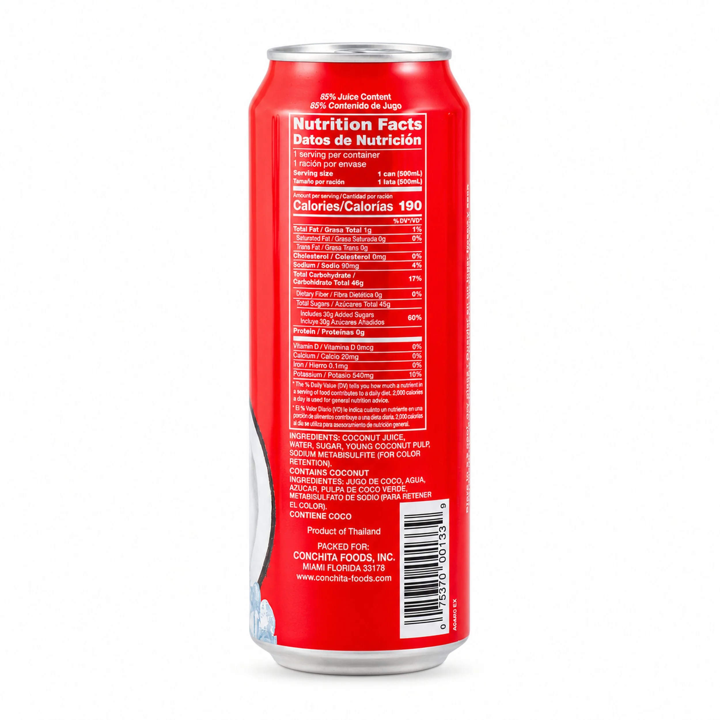 Conchita Coconut Water (Agua de Coco) 16.8 fl oz can, back label view