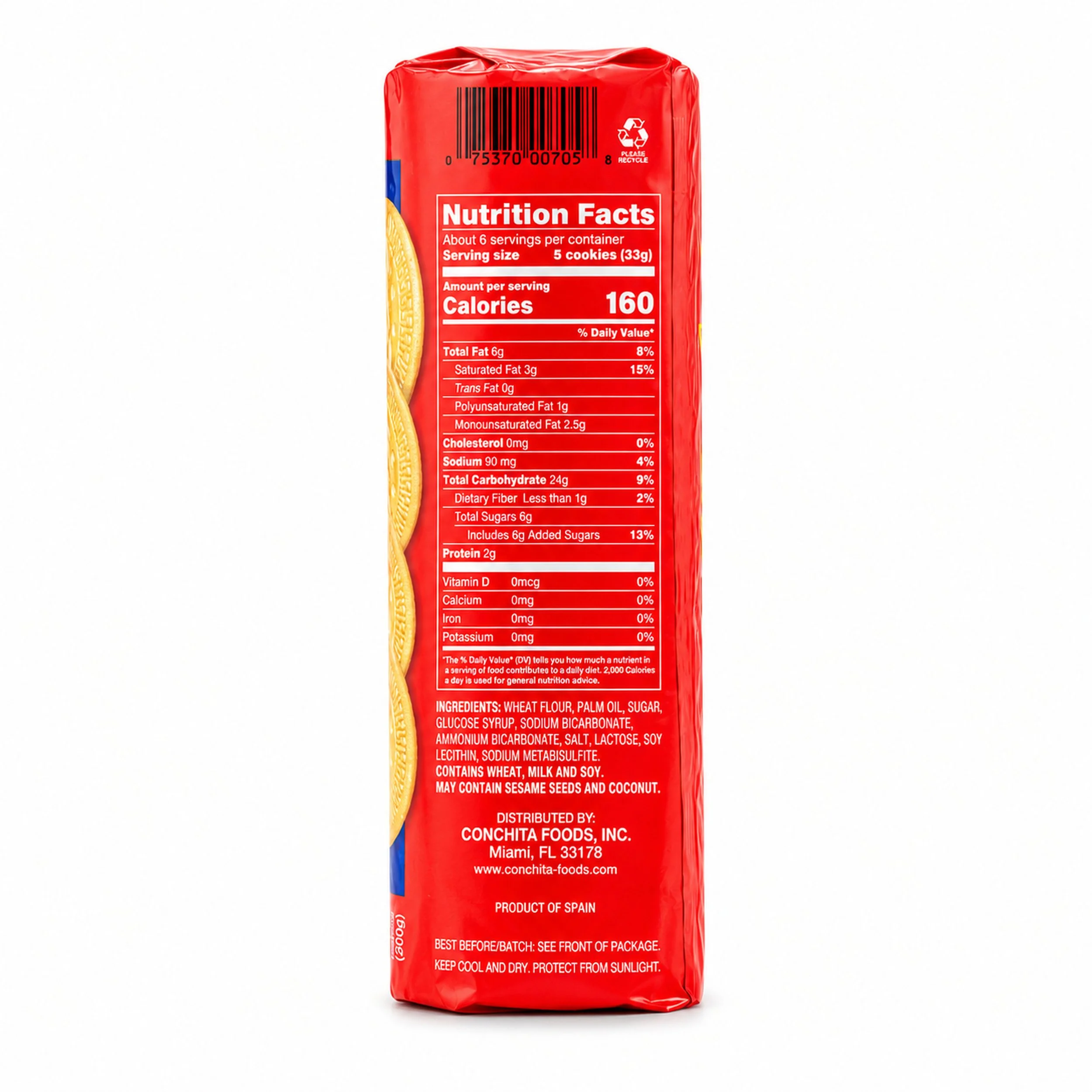Conchita Dorada Maria Cookies (Galletas María) 200 g package, back label view