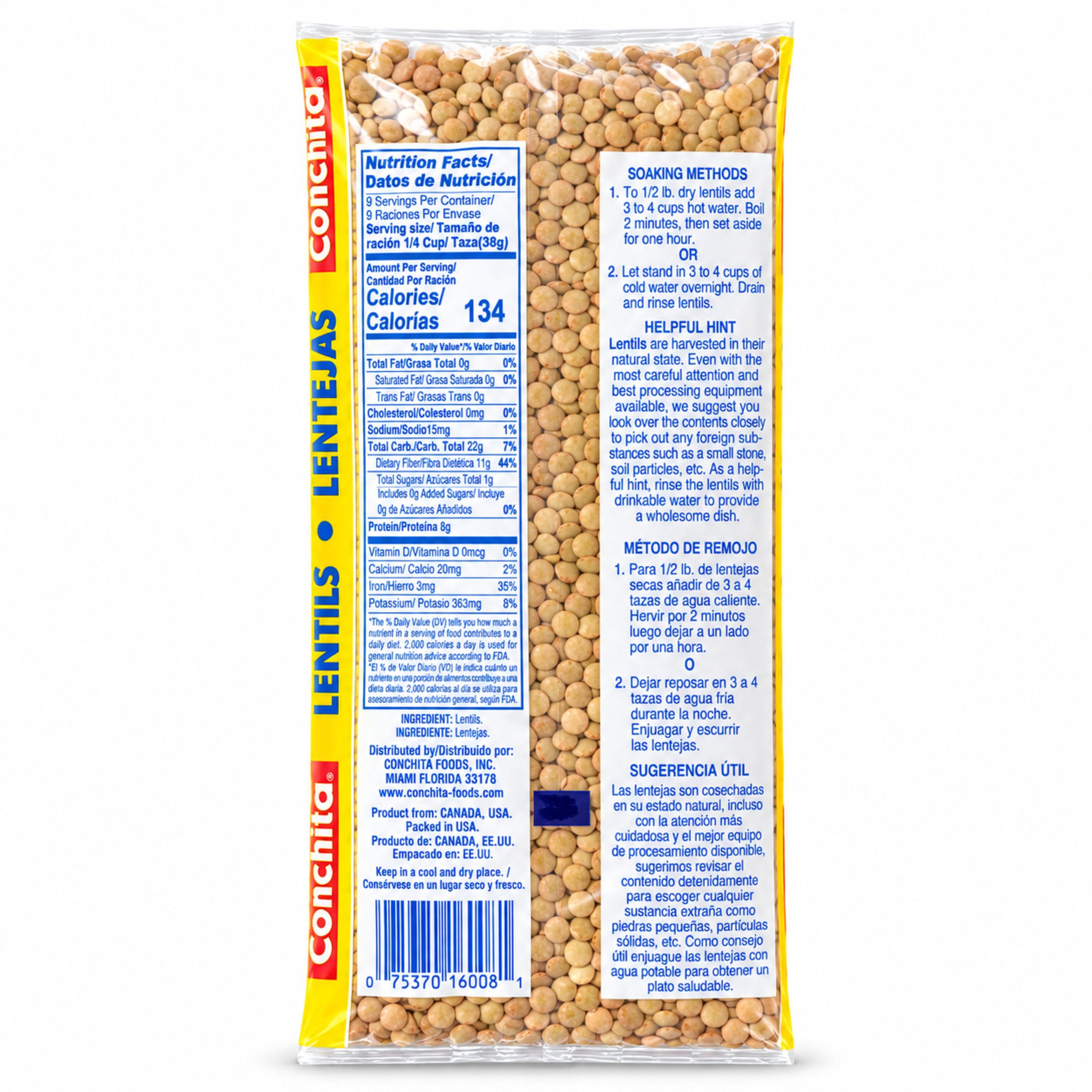 Conchita Dry Lentils (Lentejas) 12 oz bag, back label view