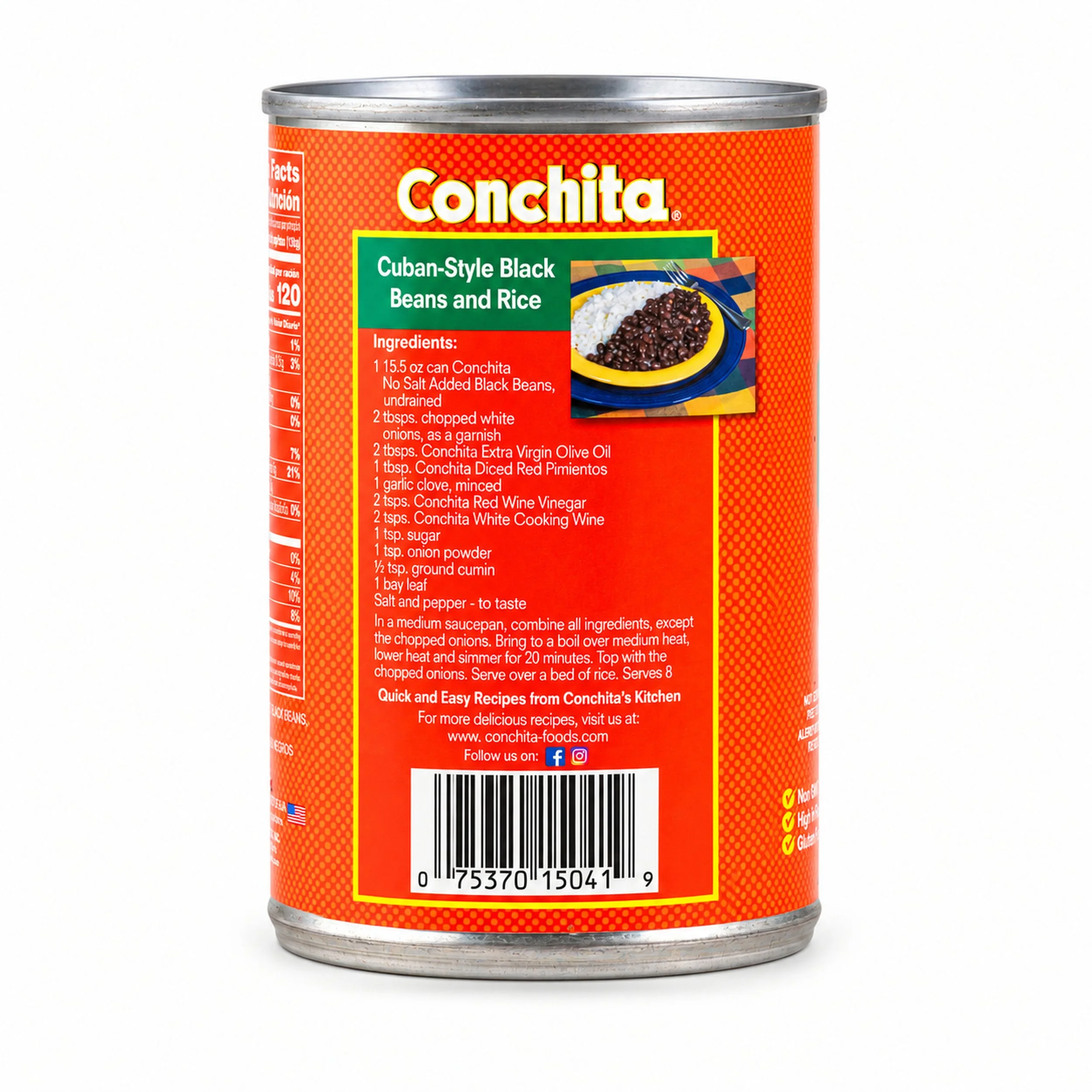 Conchita No Salt Added Black Beans (Frijoles Negros sin Sal) 15.5 oz can, back label view