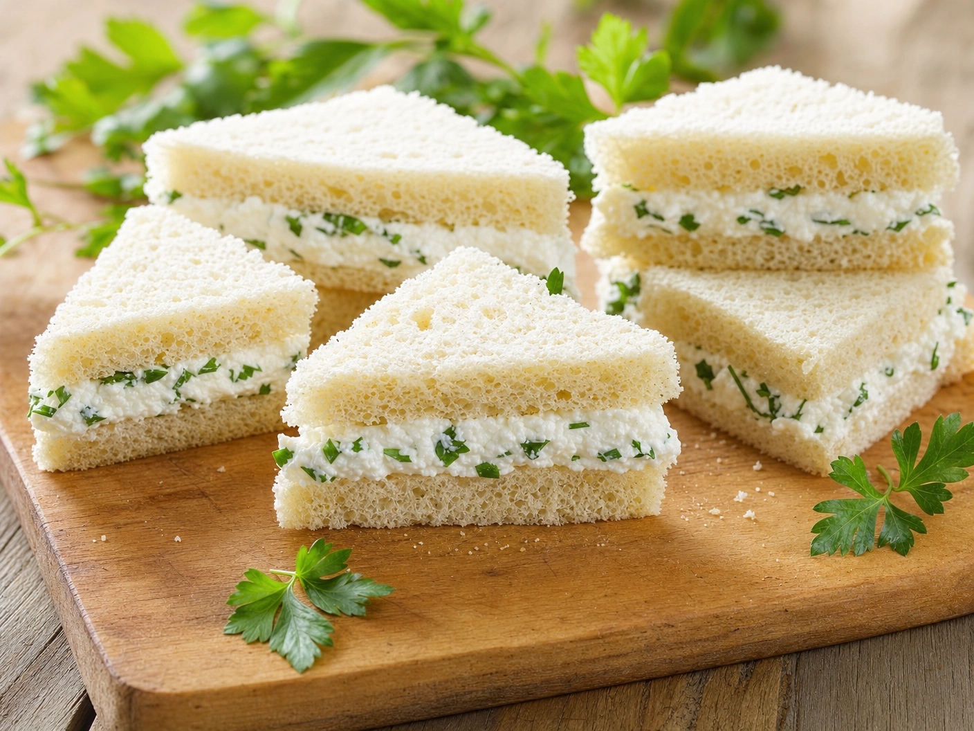 Crustless triangle finger sandwiches filled with herbed cream cheese spread on a wooden board with fresh parsley