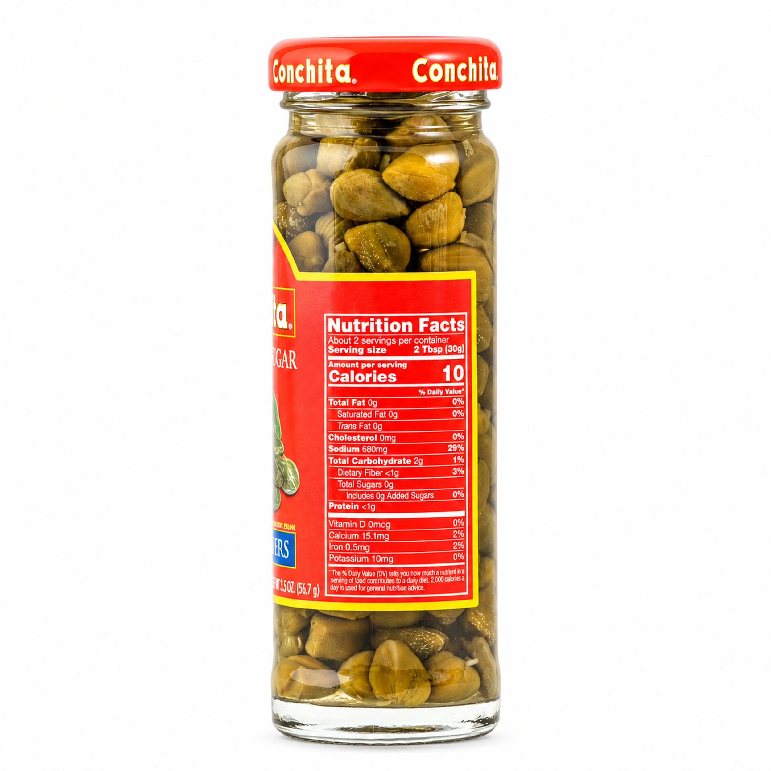 Conchita Spanish Capers in Vinegar (Alcaparras) 3.5 oz jar, back label view