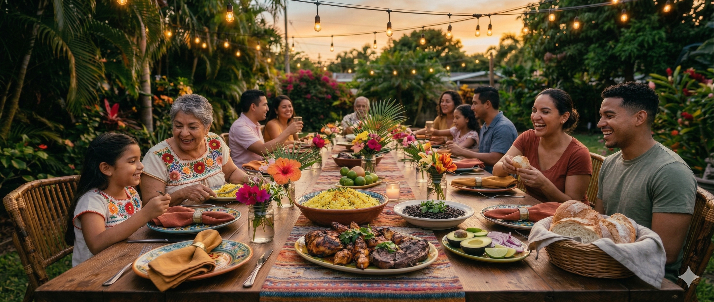 Multigenerational Latin family sharing a festive outdoor dinner under string lights, with grilled meats, bread and flowers on the table