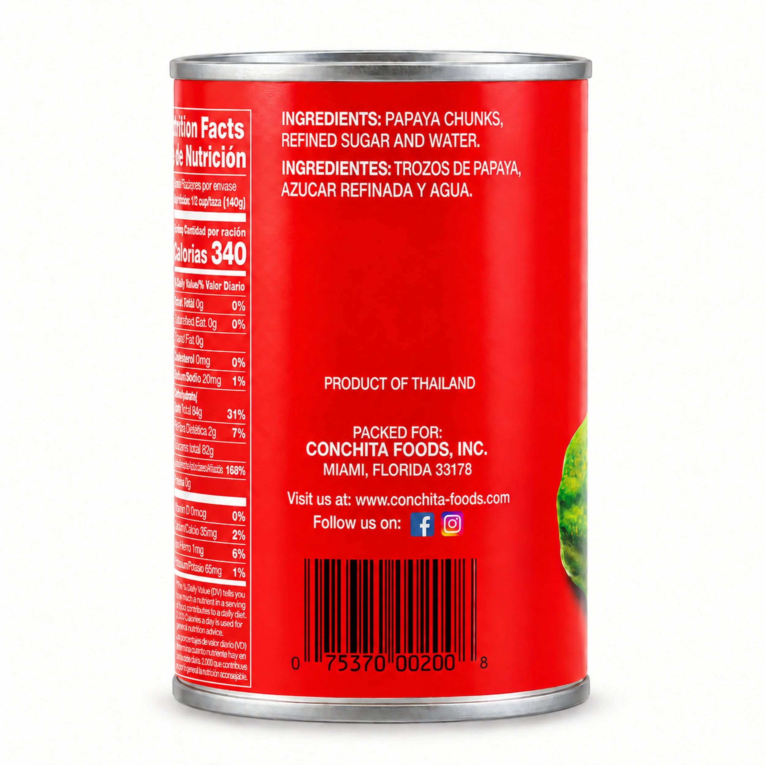 Conchita Green Papaya Chunks in Syrup (Fruta Bomba) 16 oz can, back label view