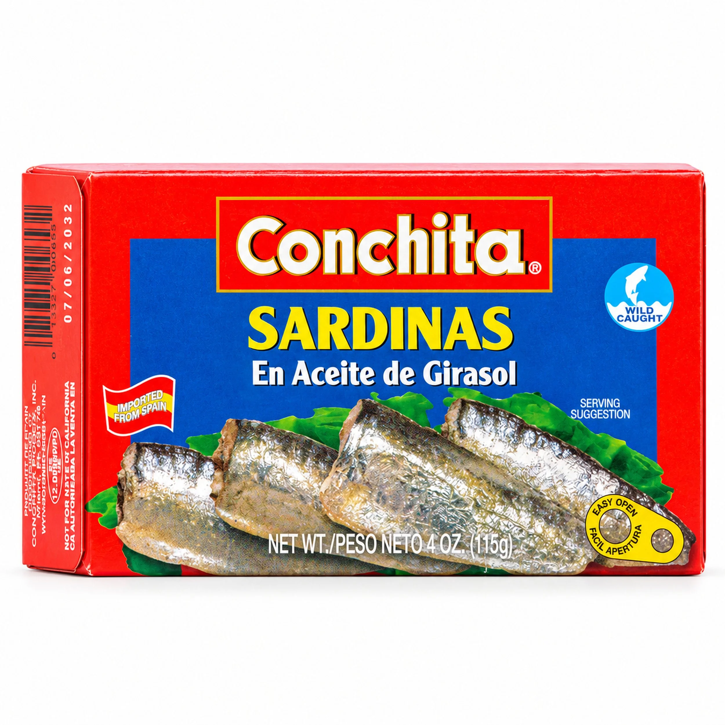 Conchita Sardines in Sunflower Oil (Sardinas en Aceite de Girasol) 4 oz box, front view