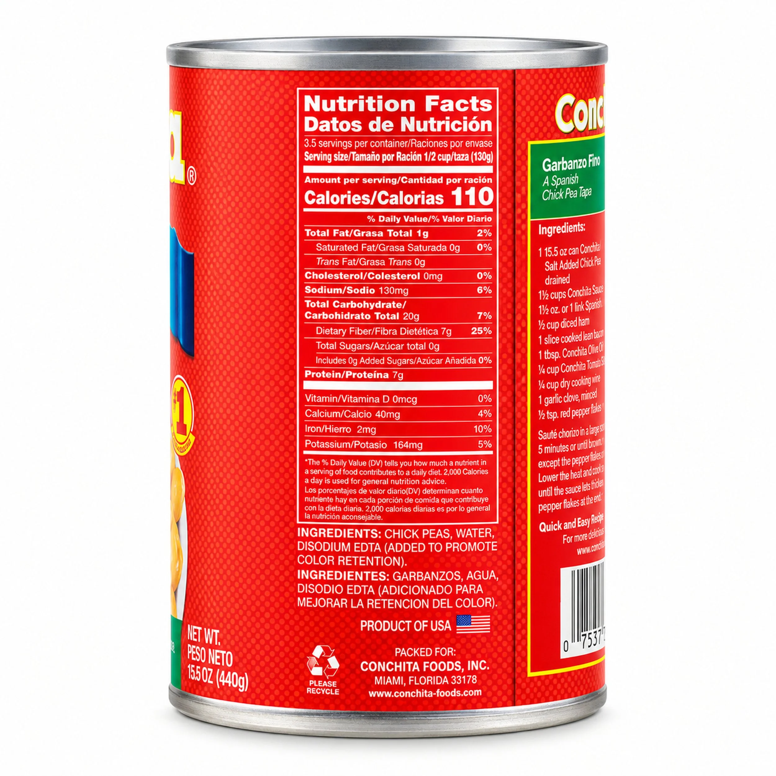 Conchita Chickpeas (Garbanzos) No Salt Added 15.5 oz can, side view with nutrition facts