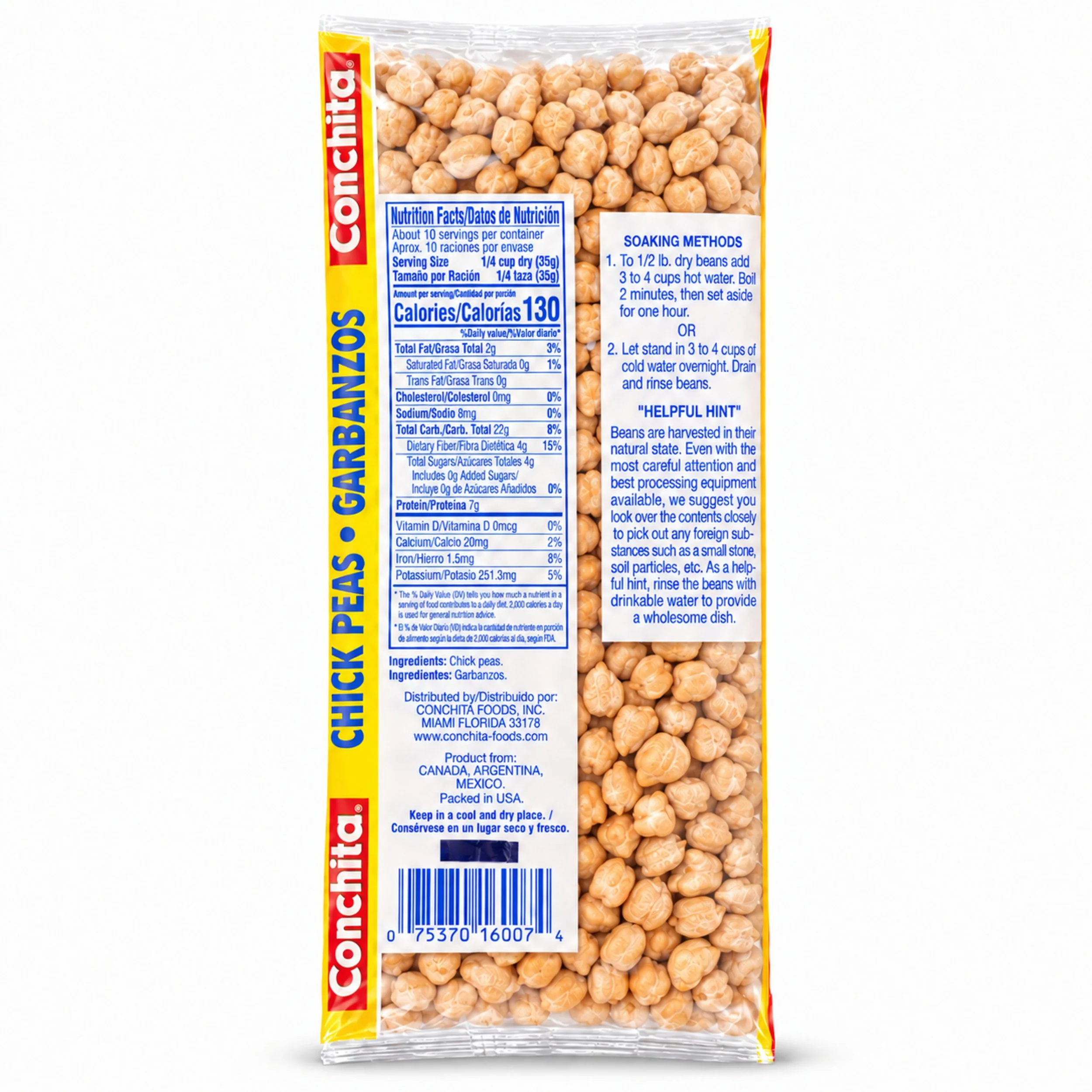 Conchita Chickpeas (Garbanzos) 12 oz dry bag, back label with nutrition facts