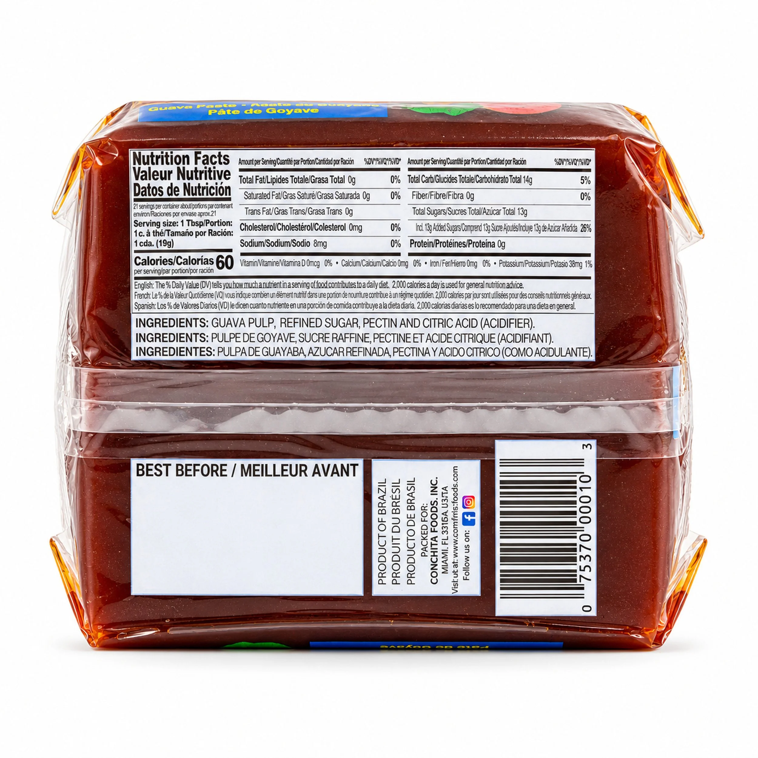 Conchita Guava Paste (Pasta de Guayaba) 14.1 oz block, back label view