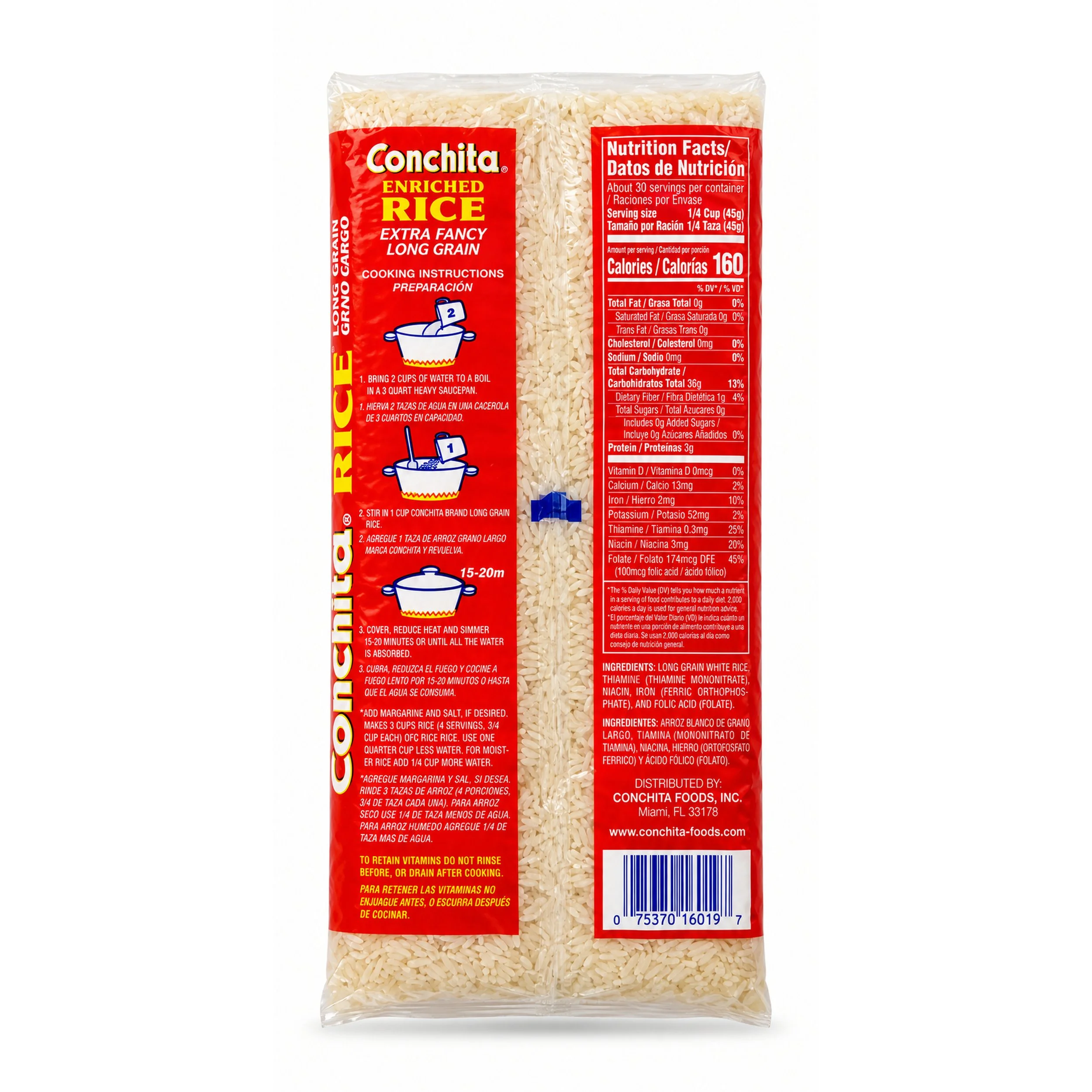 Conchita Enriched Long Grain Rice (Arroz) 3 lb bag, back label with nutrition facts
