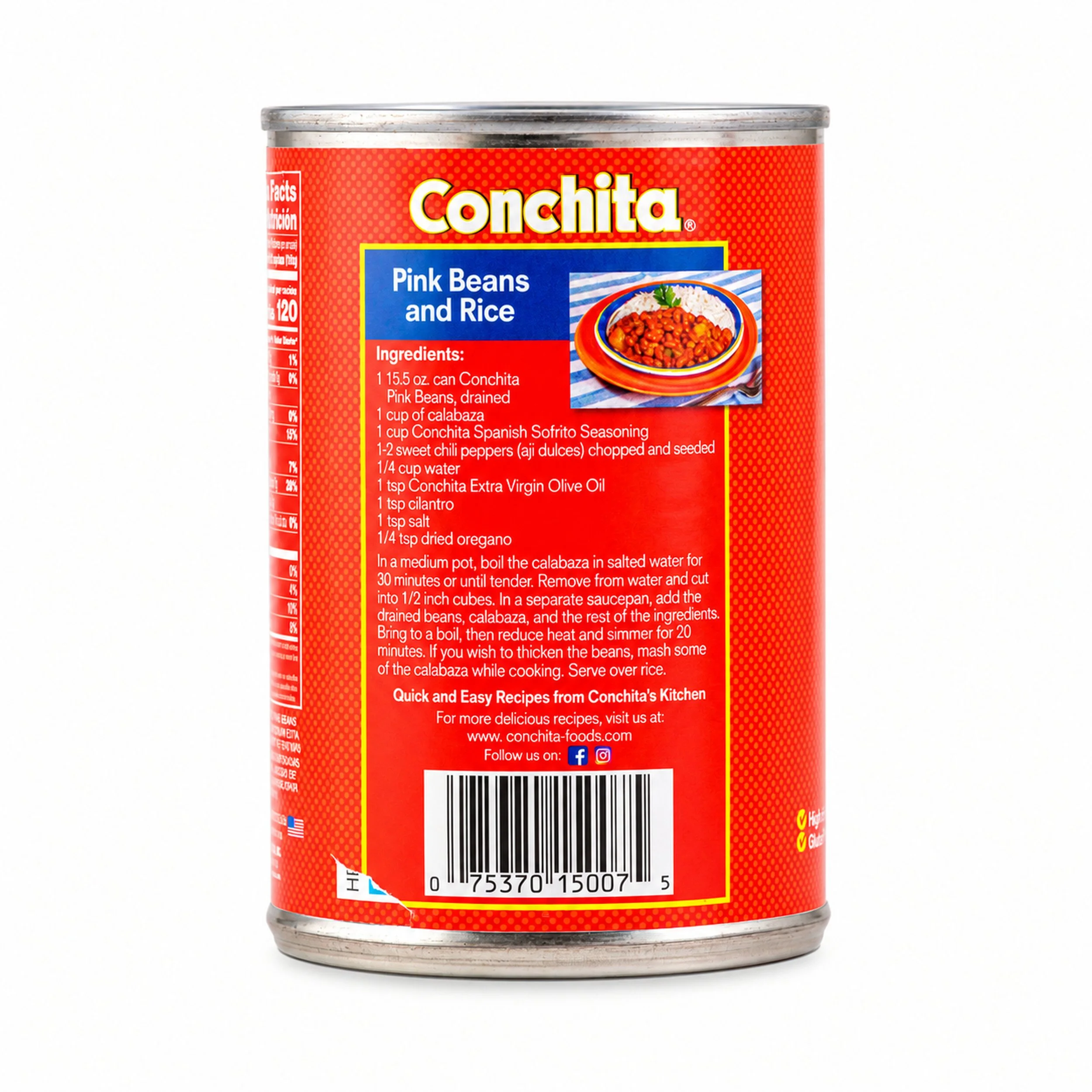 Conchita Pink Beans (Habichuelas Rosadas) 15.5 oz can, back label with nutrition facts