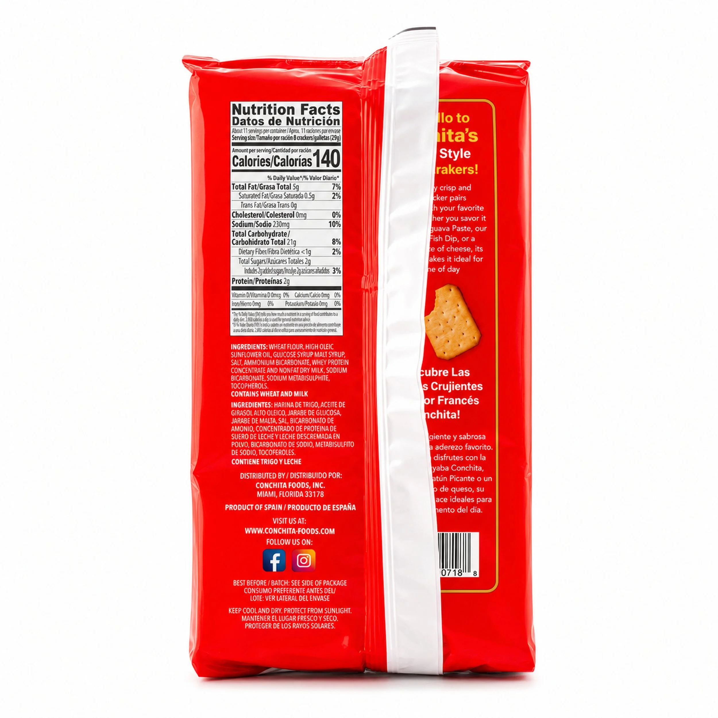 Conchita French-Style Crispy Crackers (Galletas Crujientes) 300 g package, back label view