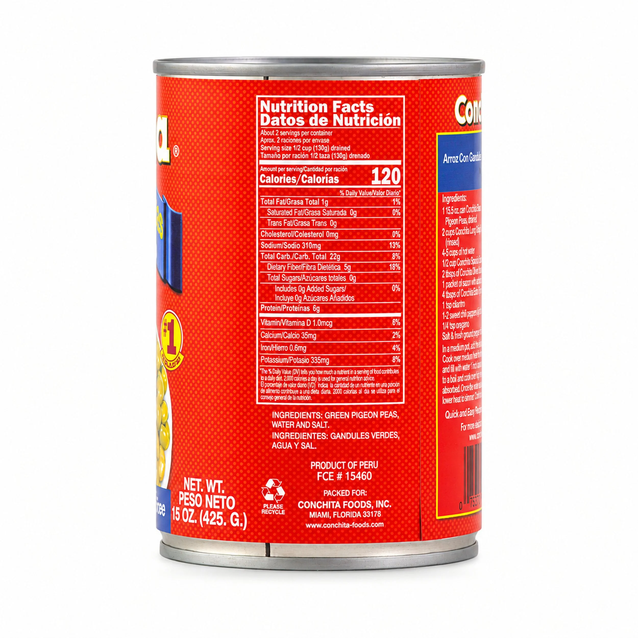 Conchita Green Pigeon Peas (Gandules Verdes) 15.5 oz can, nutrition facts side view