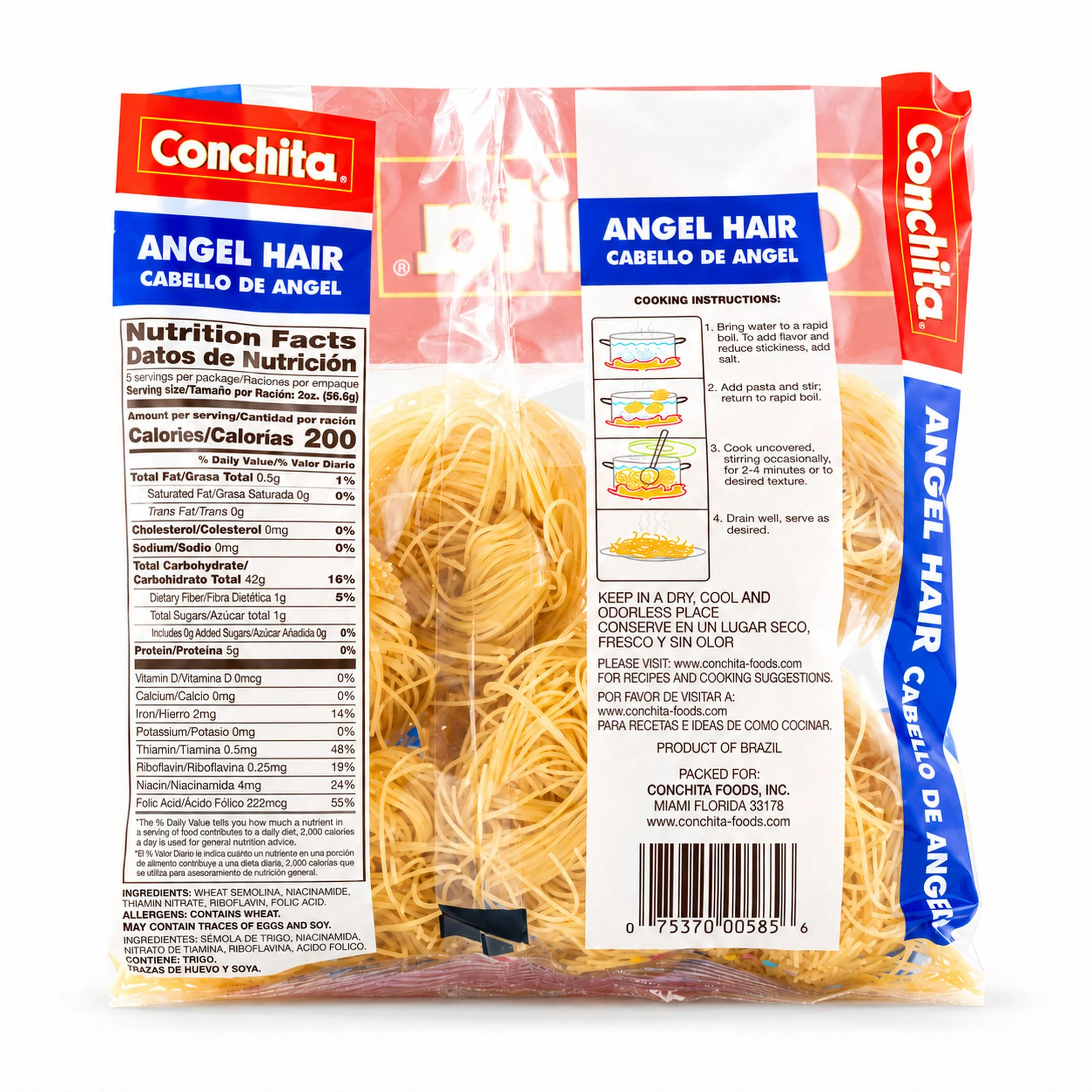 Conchita Angel Hair Pasta (Cabello de Ángel) 10 oz bag, back label view