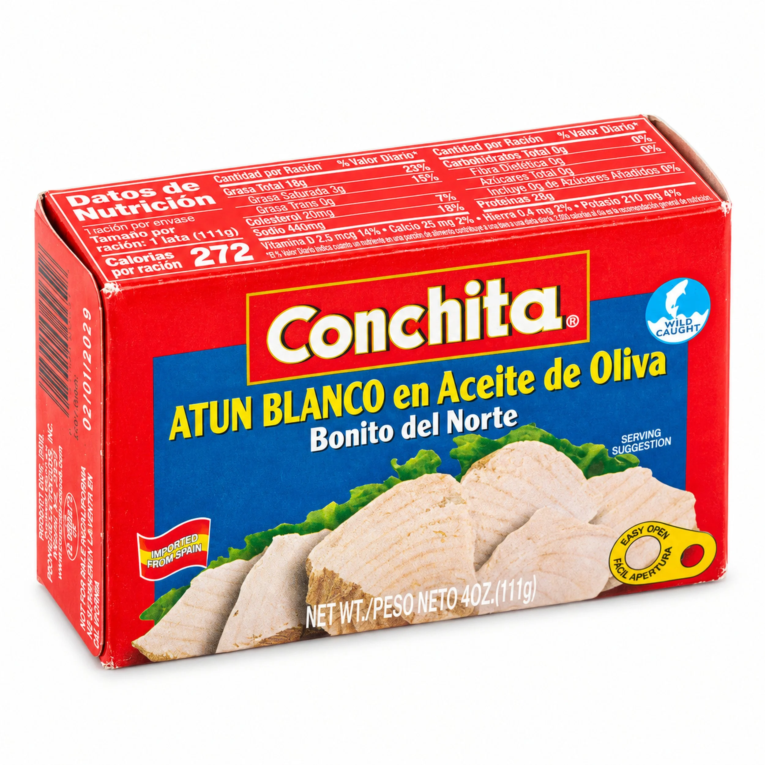 Conchita White Tuna in Olive Oil (Atún Blanco en Aceite de Oliva) 4 oz box, Spanish-language back panel, angled view