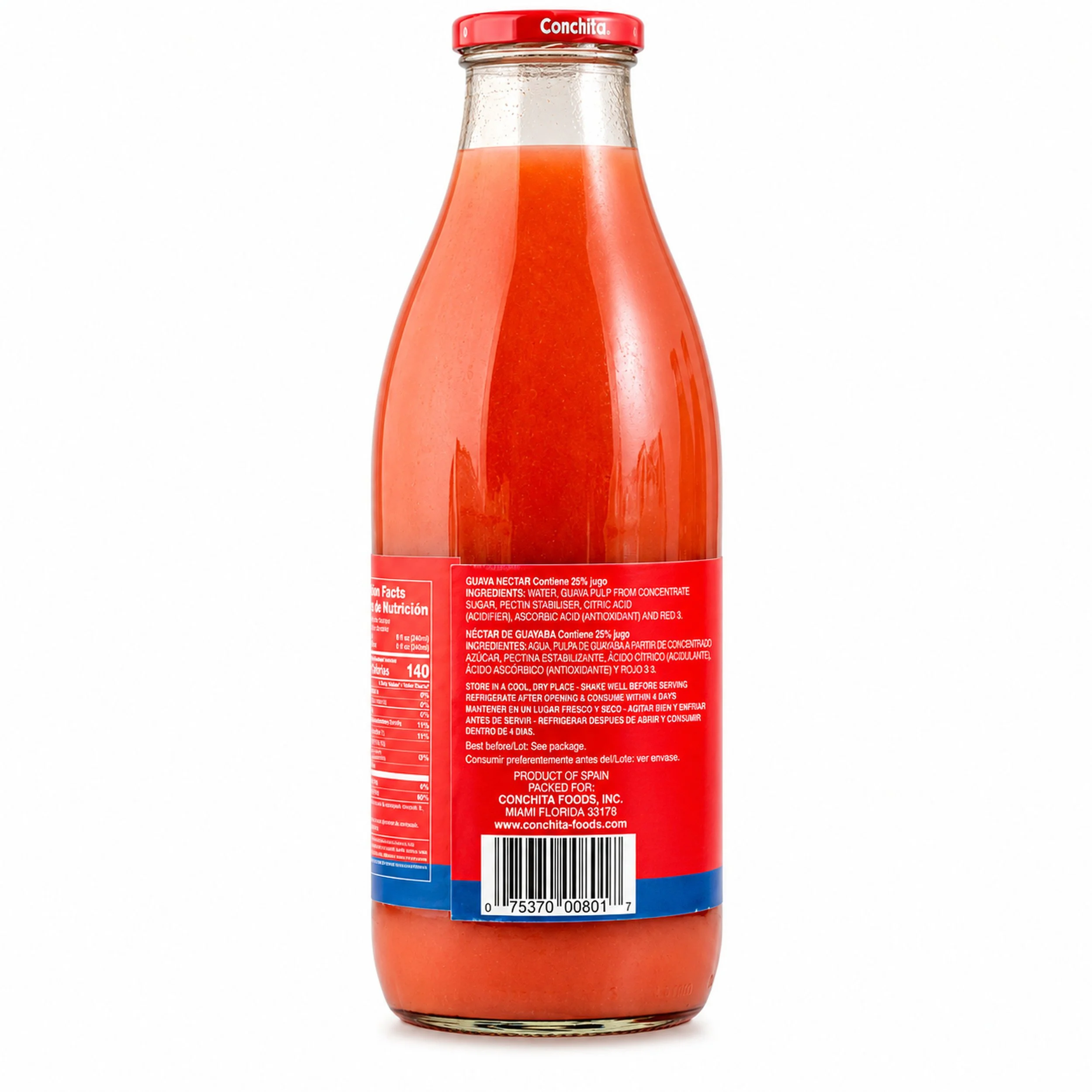 Conchita Guava Nectar (Néctar de Guayaba) 1 L glass bottle, back label view