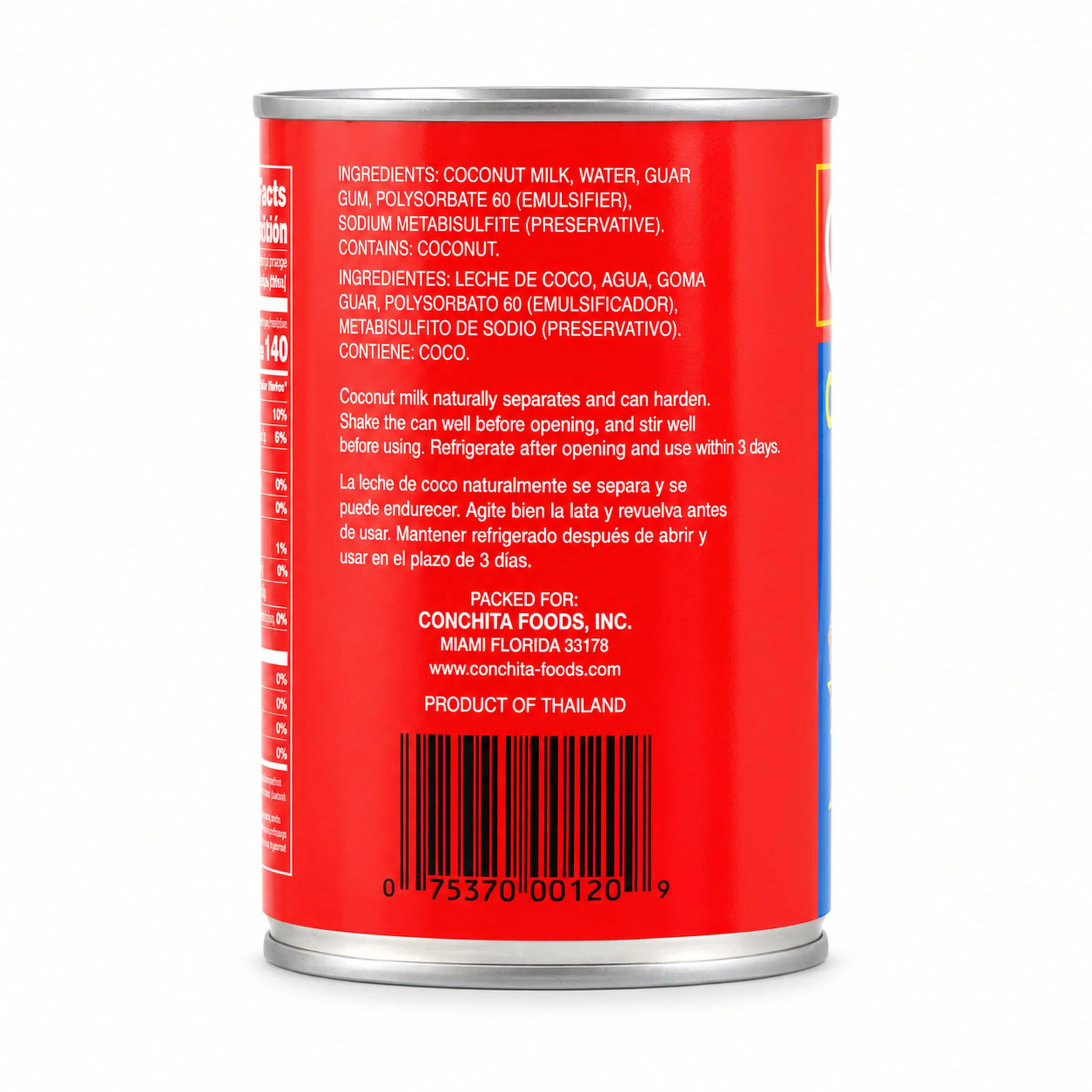 Conchita Coconut Milk (Leche de Coco) 13.5 fl oz can, back label view