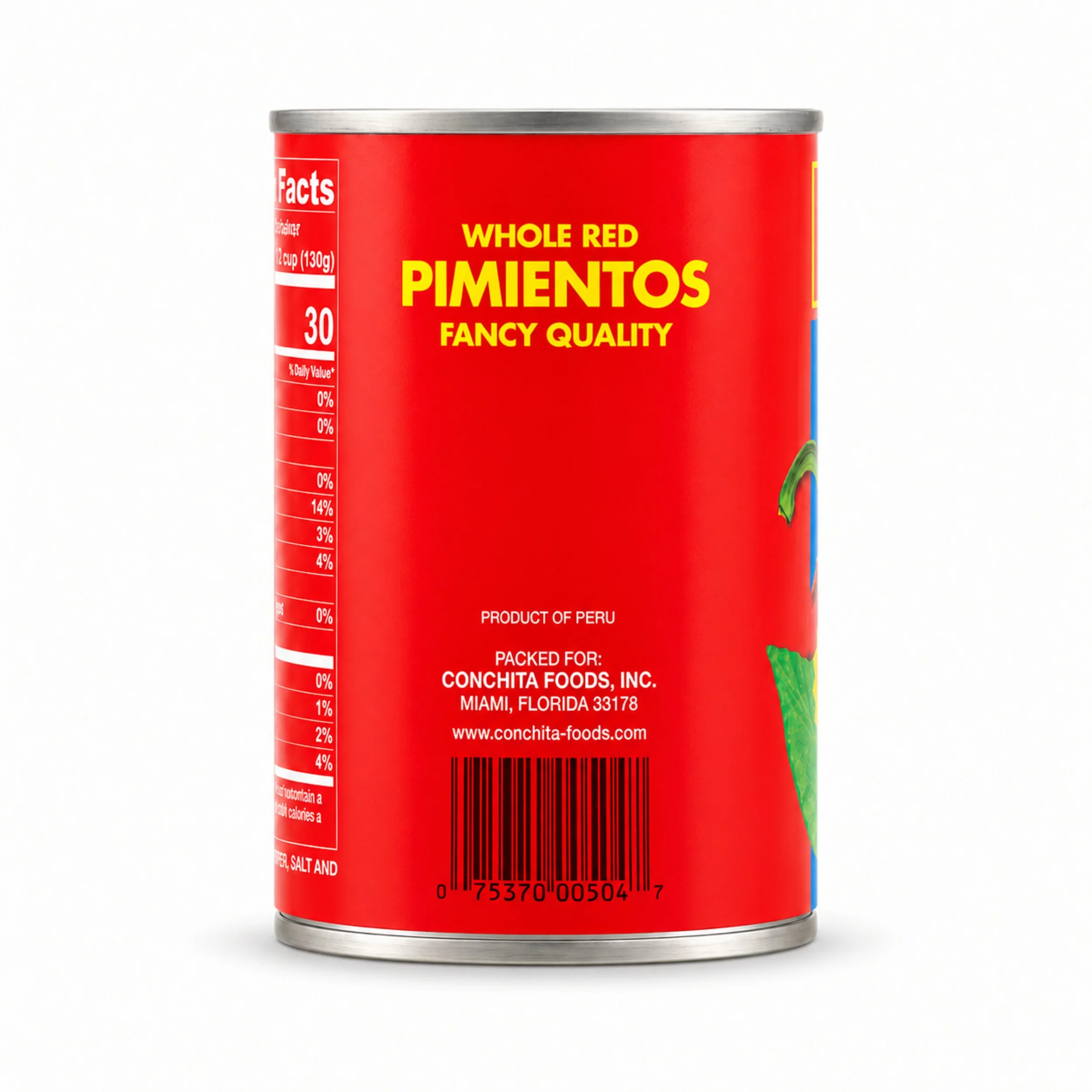 Conchita Fancy Whole Red Pimientos (Pimentos) 14 oz can, back label with nutrition facts