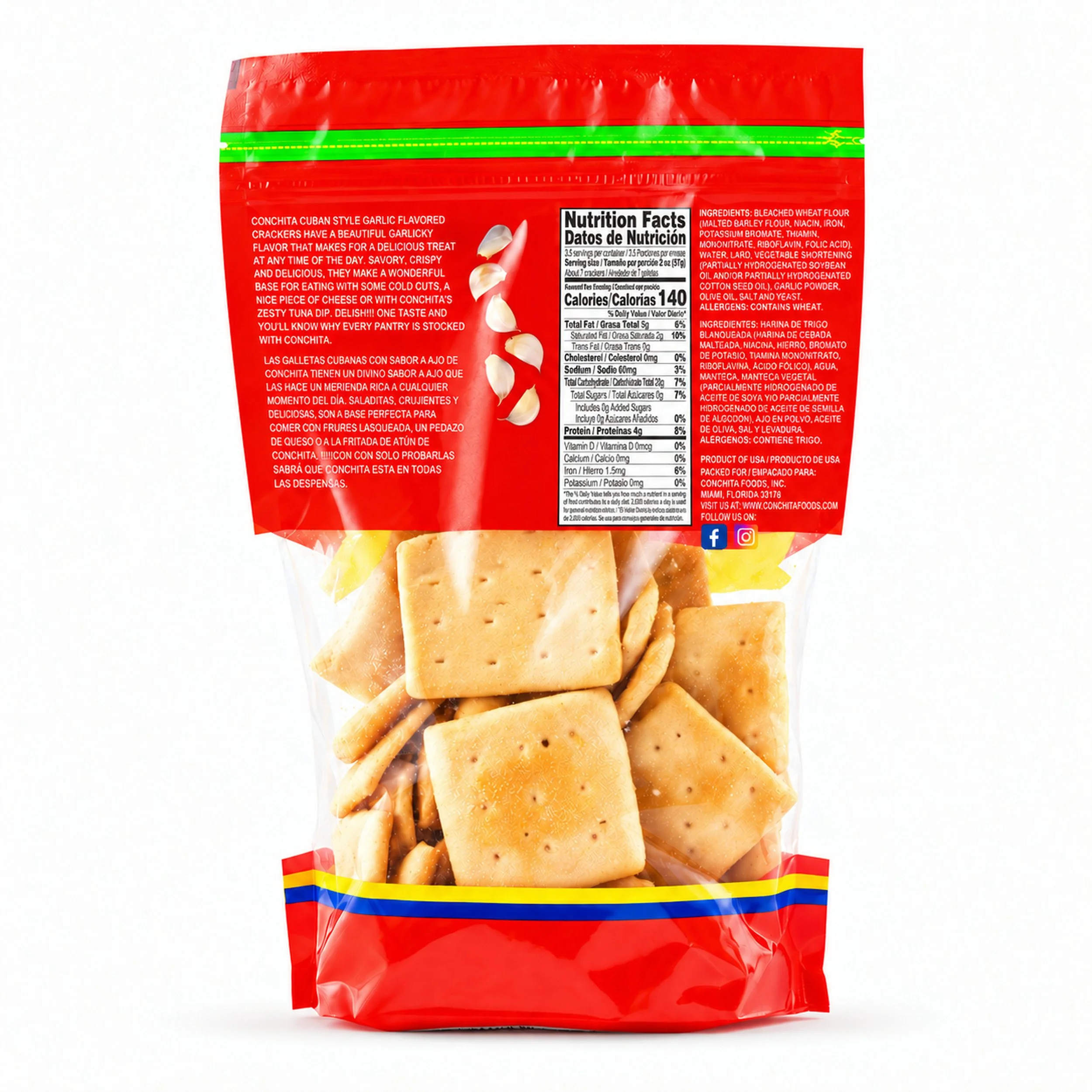 Conchita Cuban-Style Garlic Crackers (Galletas Cubanas con Ajo) 198 g bag, back label view