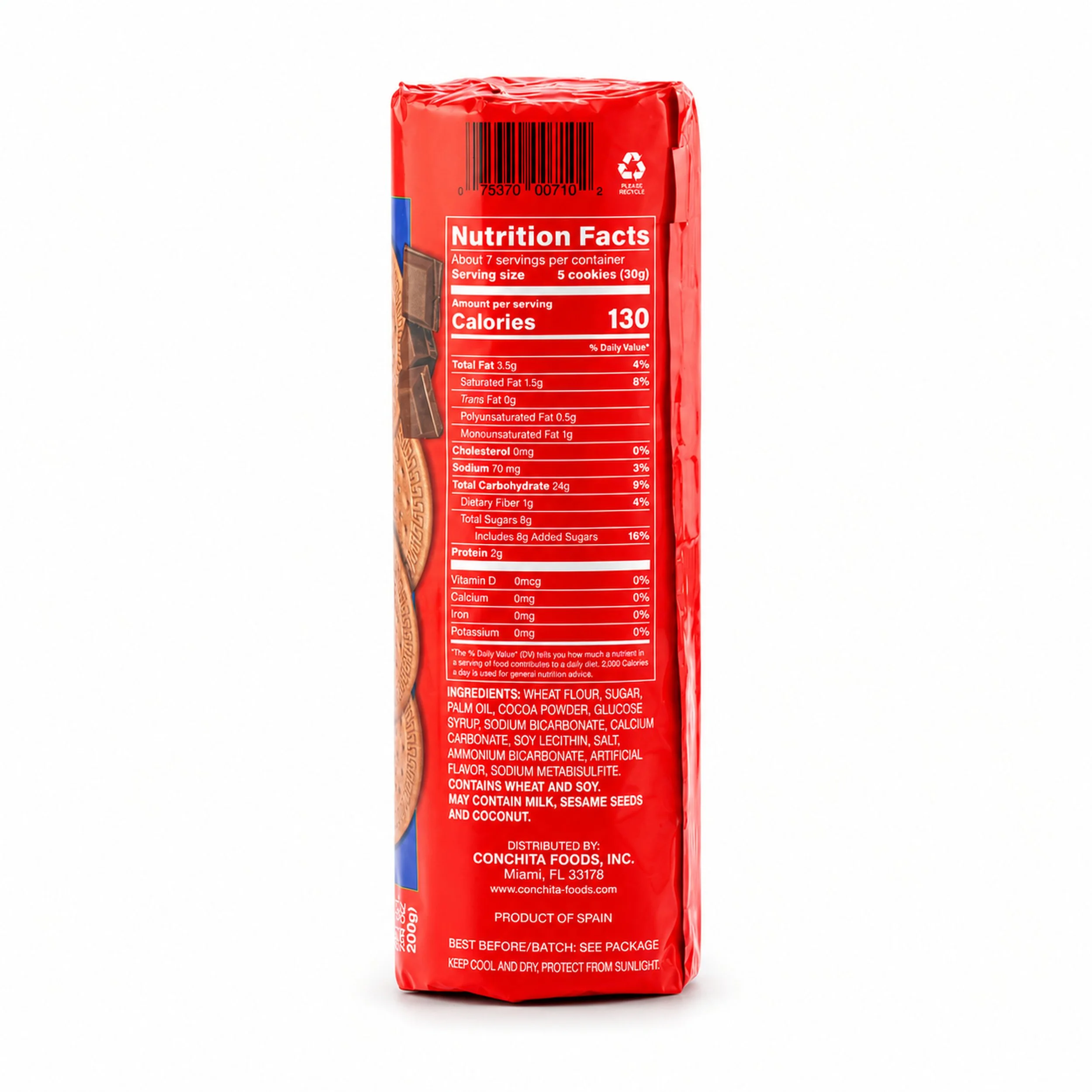 Conchita Chocolate Maria Cookies (Galletas María de Chocolate) 200 g package, back label view